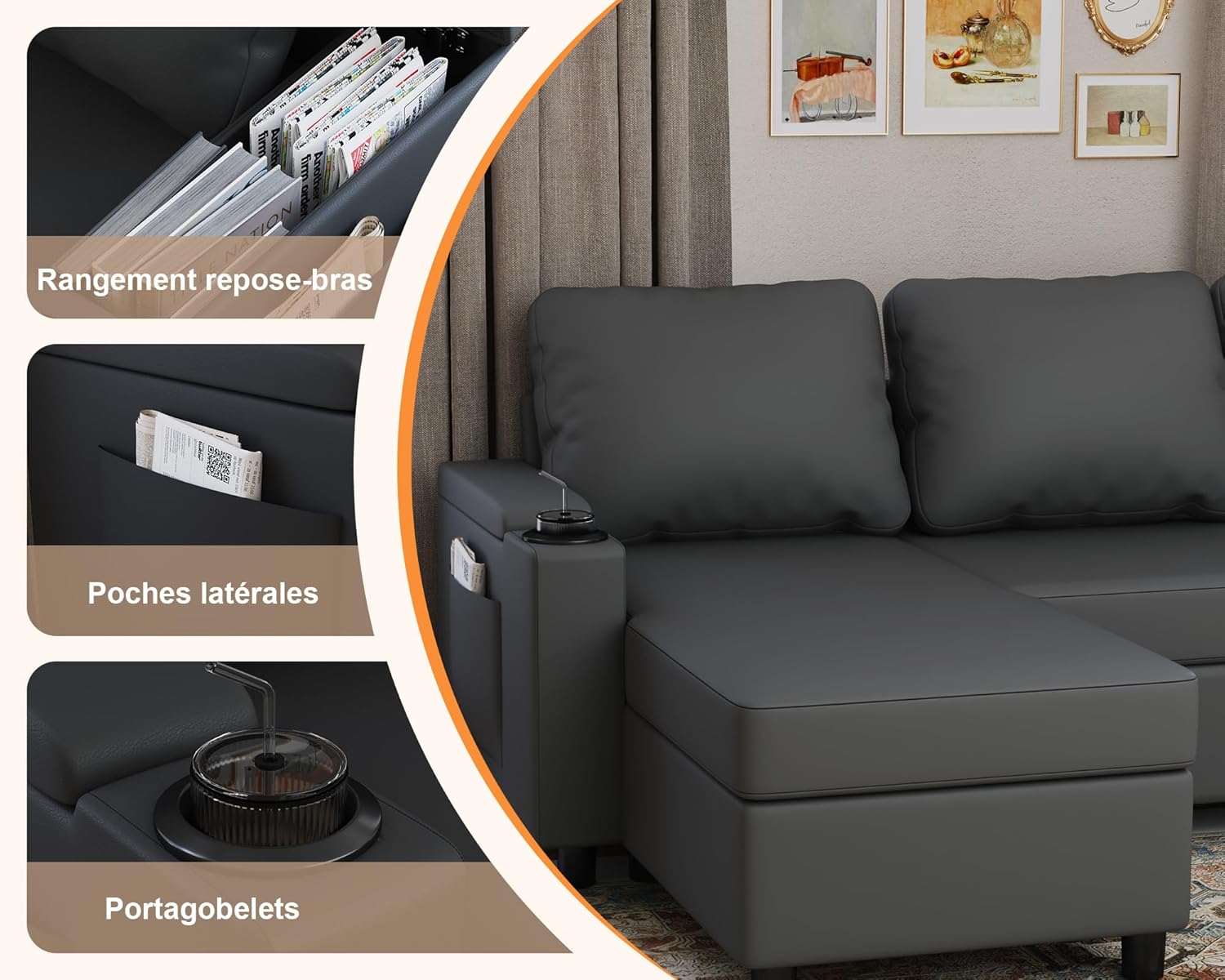 Armrest storage, side pockets, and cup holders