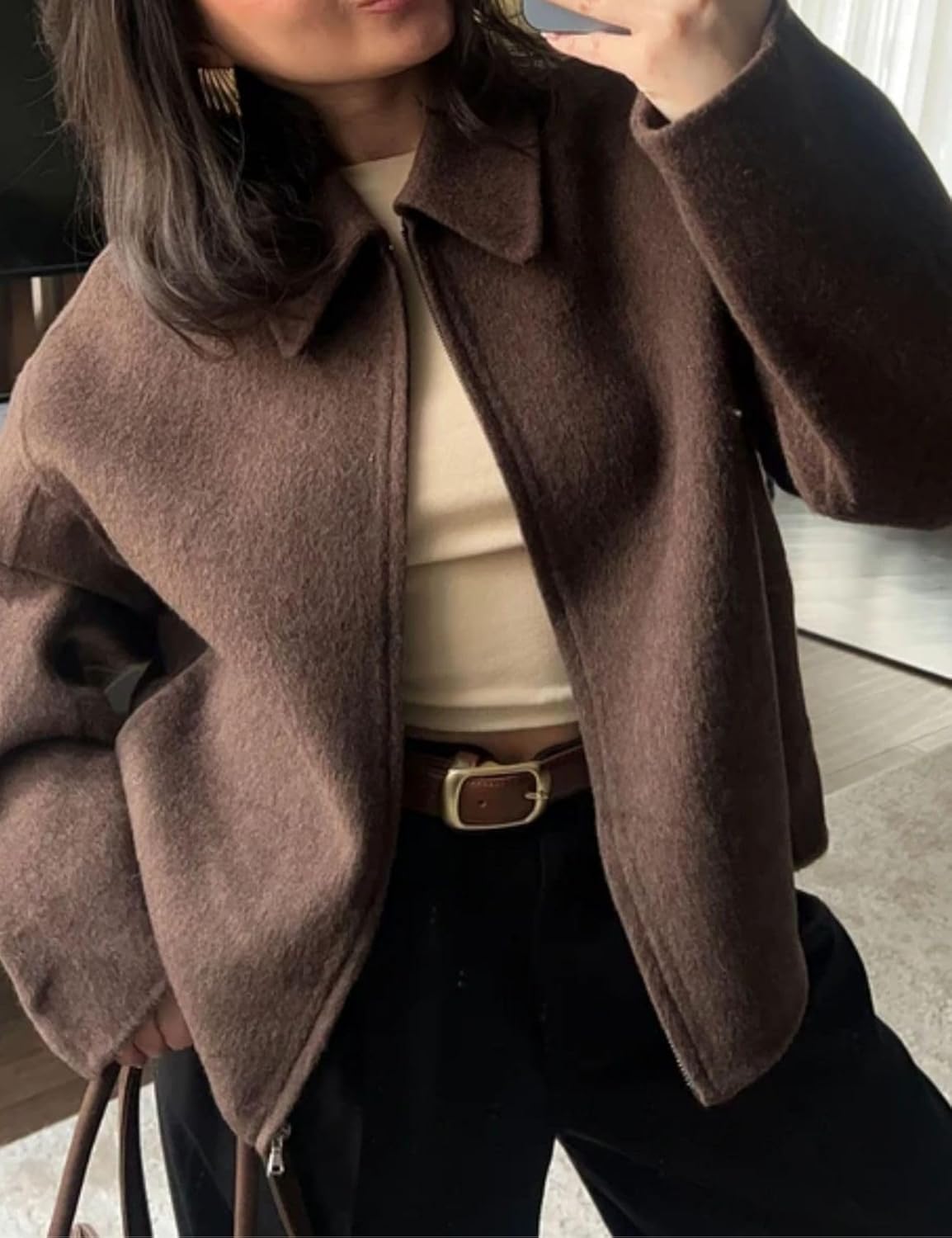 Womens Cropped Wool Jacket Plain Zipper Short Pea Coats Fall Winter Trendy Tweed Jackets 2025 - Image 2