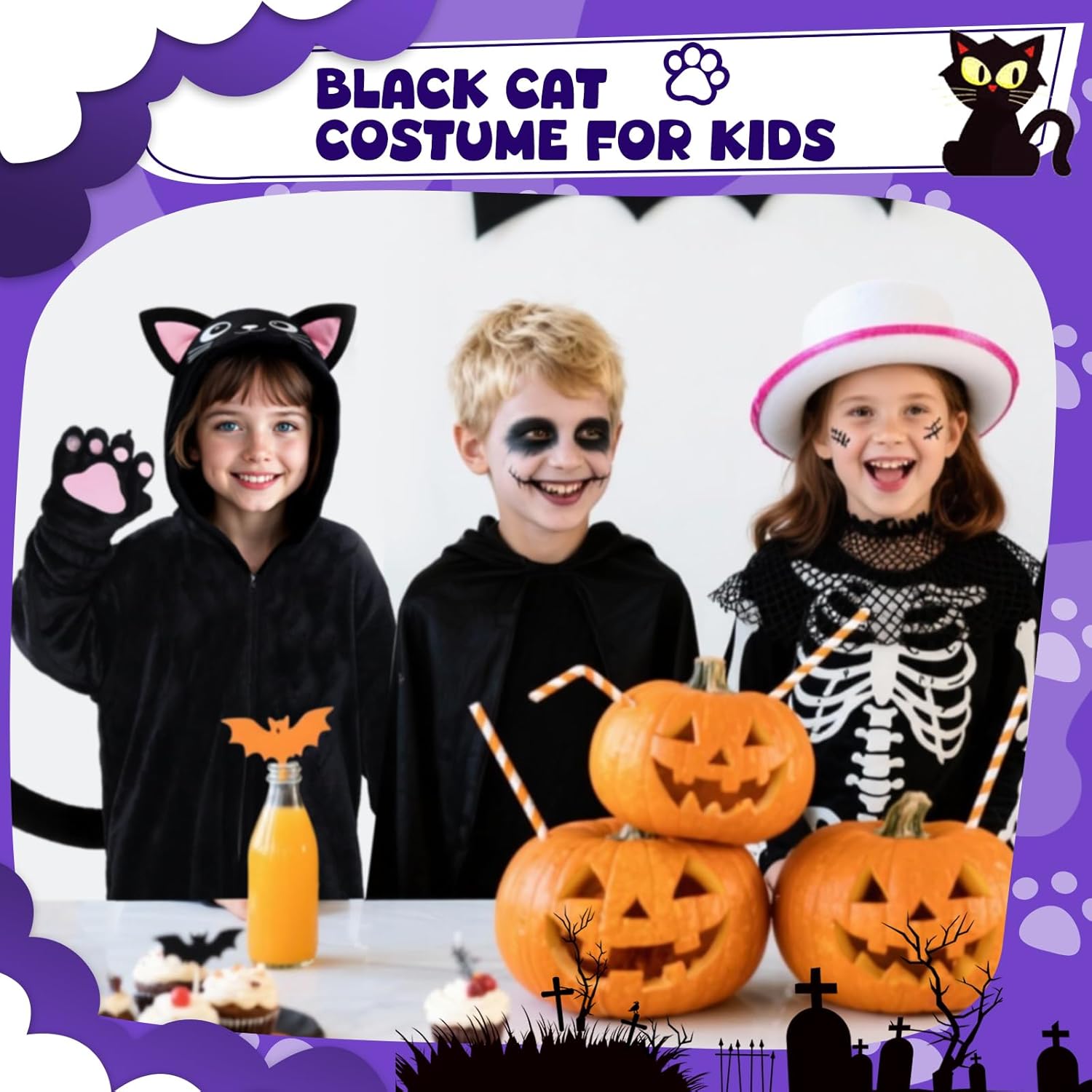 Cat Costume for Kids with Bag, Black Cat Halloween Costumes for Girls Animal Onesie Dress Up - Image 7