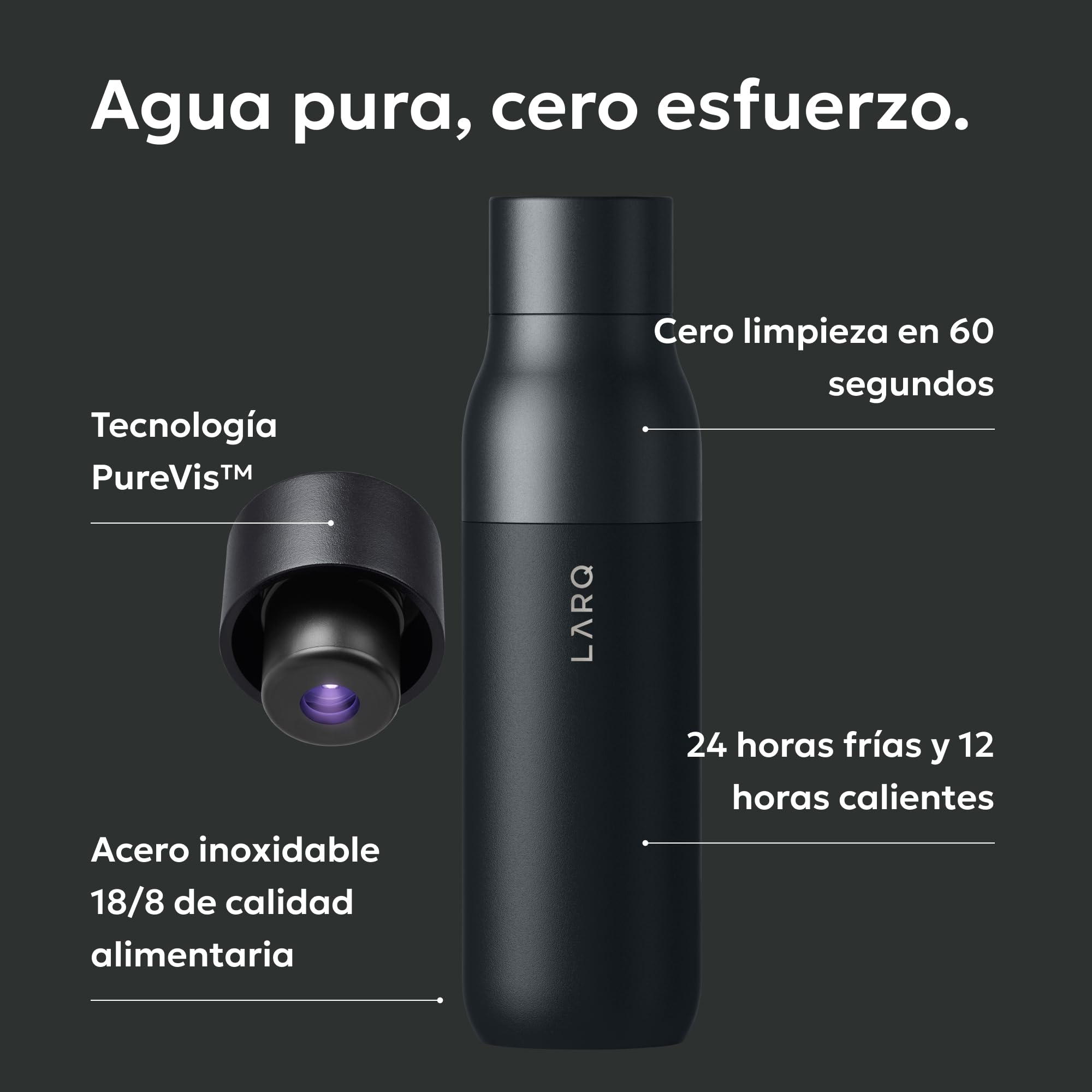 LARQ PureVis 740ml – Botella Térmica Autolimpiable con Purificador de Agua UV-C – Acero Inoxidable de Doble Pared – Hermética – Mantiene Frío y Calor – Diseño Premiado - Obsidian Black