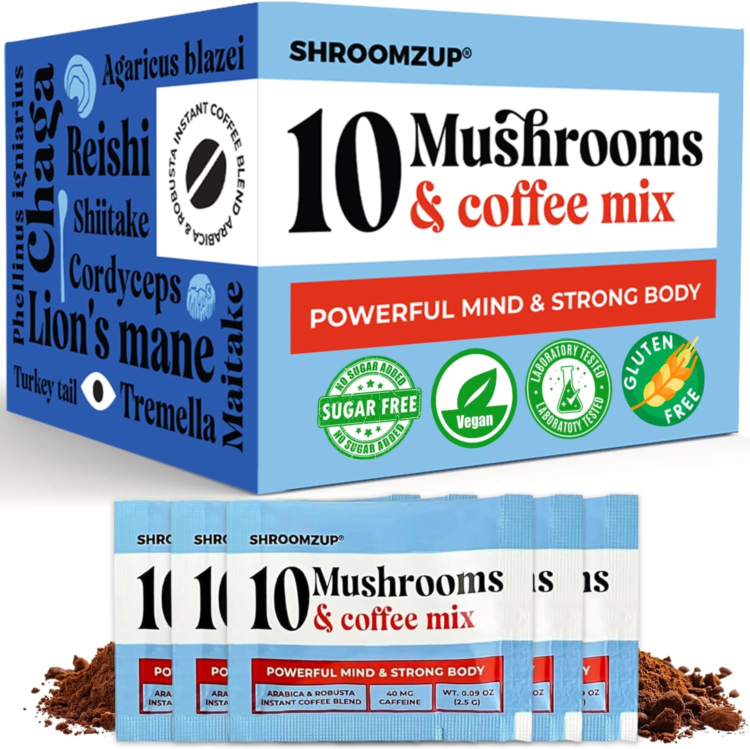Shroomzup Mushroom Coffee Instant with 10 Mushrooms - 15 Single Packets with Reishi, Lion's Mane, Chaga, Turkey Tail, Cordyceps Mushrooms - Nootropic Mushroom Coffee for Energy Vegan Shroom Coffee