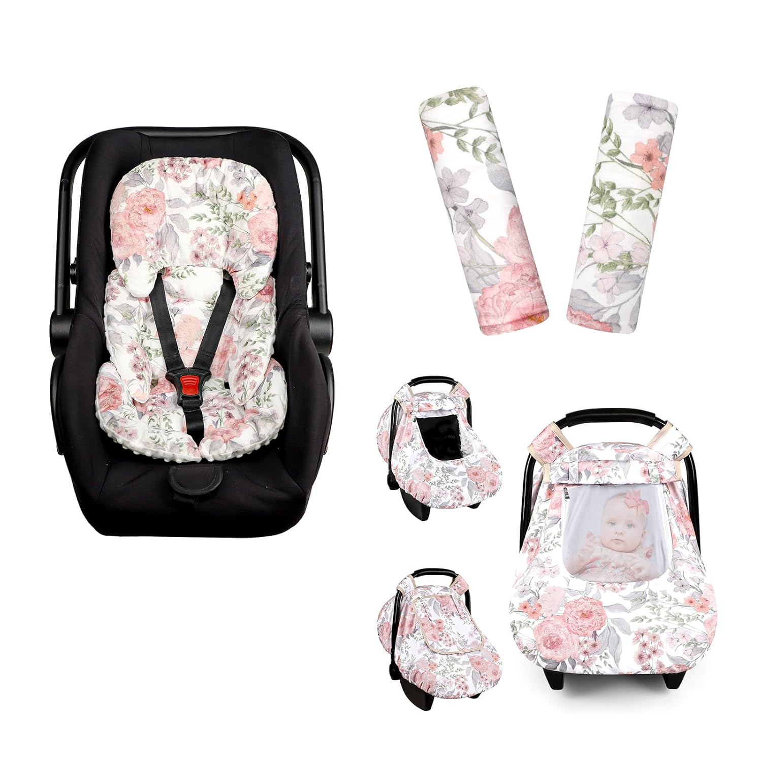 Car Seat Cover Baby, HNHUAMING Infant Car Seat Covers Canopy, Infant Car Seat Insert, Baby Car Seat Head & Body Support for Newborn, Car Seat Strap Pads for Baby Kids, Pink