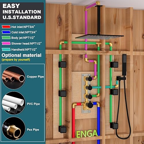 Miniatura 115 de Enga Sistema de ducha termostático doble, grifo de ducha de lluvia doble de montaje en pared de 12 pulgadas + 6 pulgadas, todas las funciones se Oro