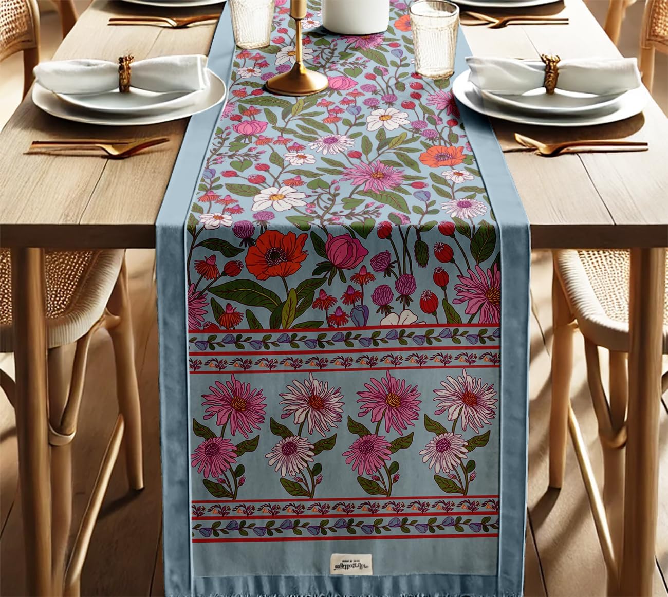 Boho Cotton Table Runner - Double Layer with Printed Floral Design - Machine Washable - Table Décor for Kitchen, Living & Events, 14" x 60"