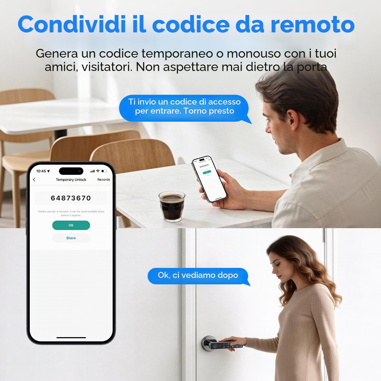 Serratura Intelligente per Porta,Impronta Digitale,Tastiera e Controllo APP | 5 Modalità di Sblocco: impronta/codice/badge/APP/chiave/chiusura automatica, senza chiavi per casa, ufficio, appartamento