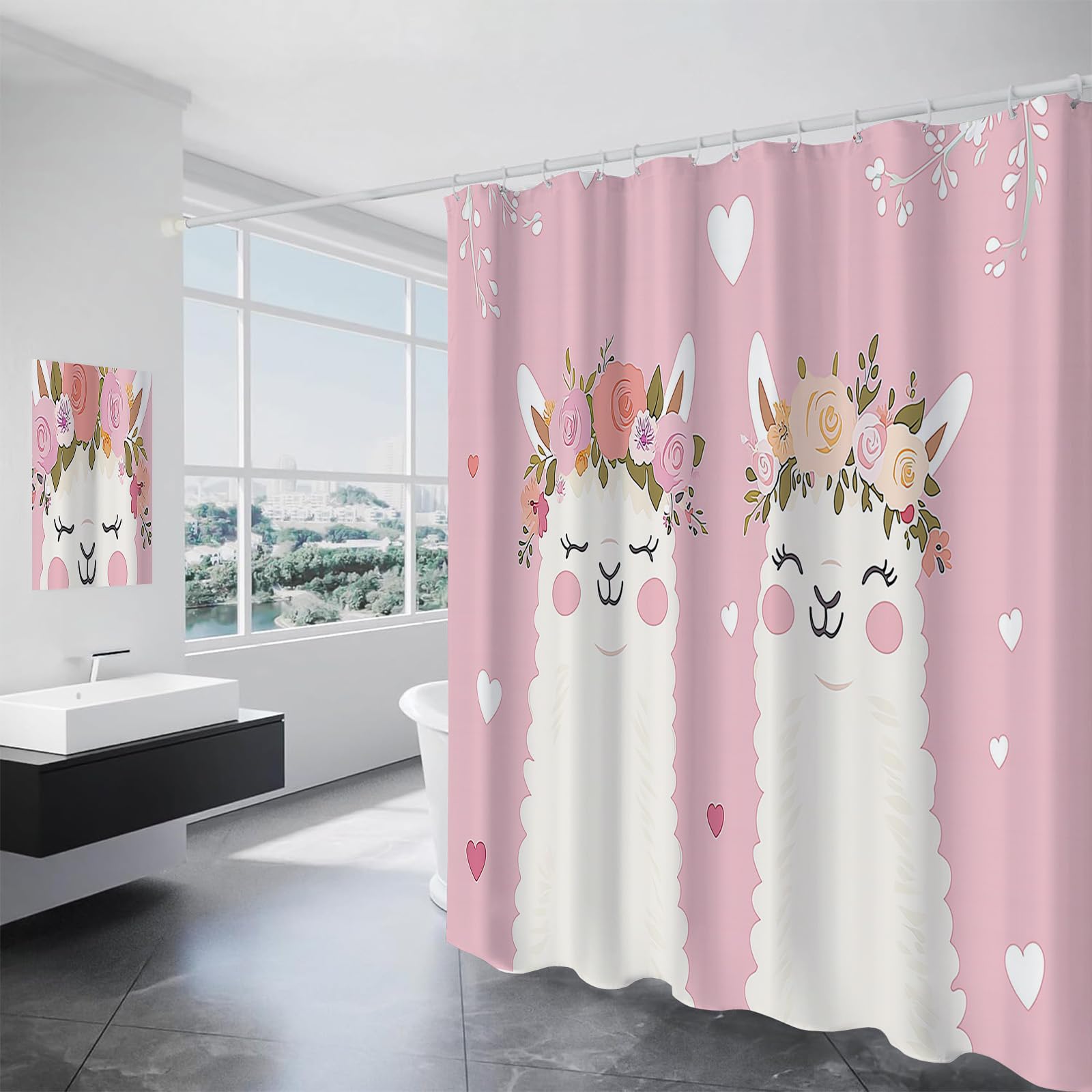 Rideau de douche lavable en machine 180x180 cm avec motif alpaga blanc
