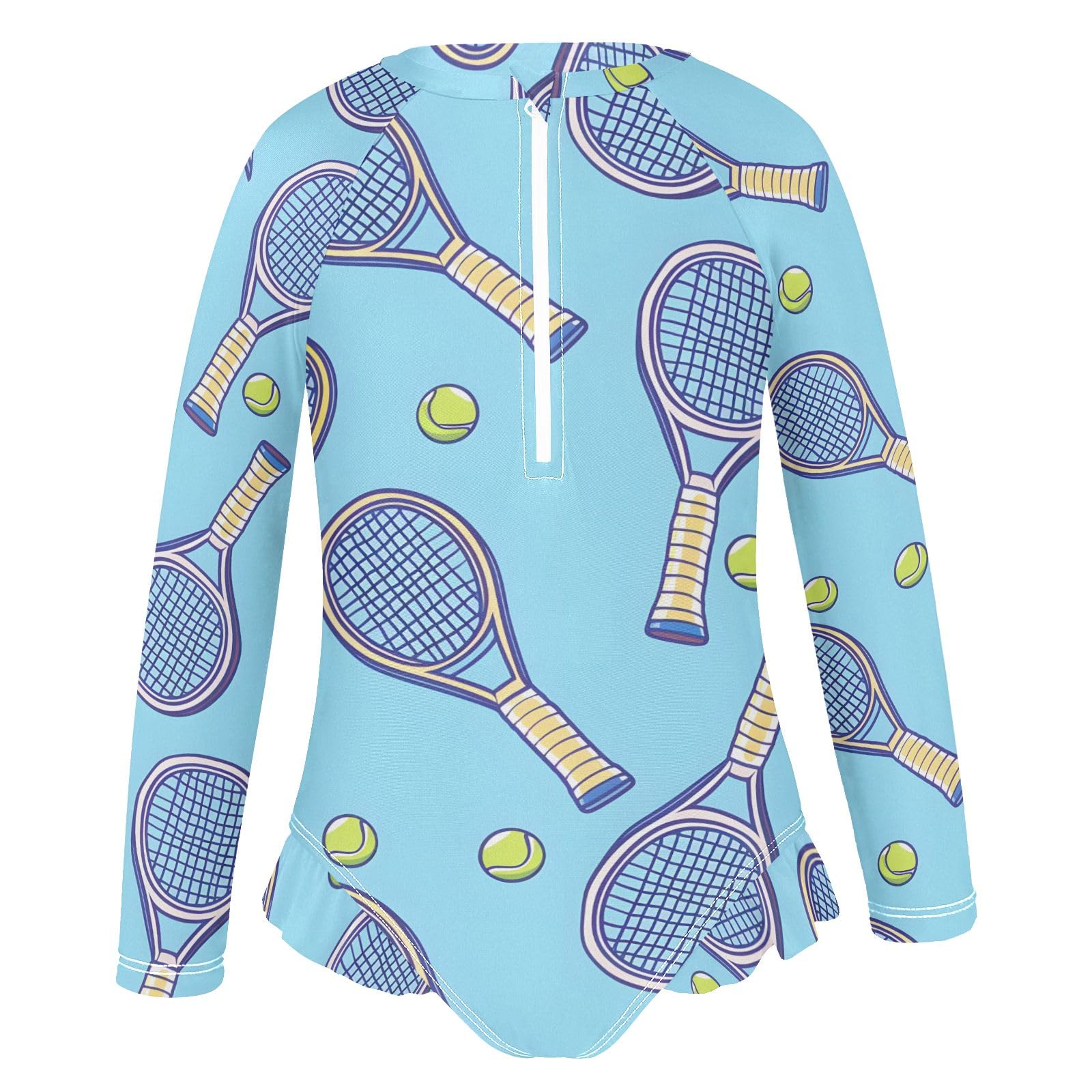 ALAZA Girls Bathing Suit Long Sleeve Rash Guard for Girls Tennis Racket Blue UPF 50+ 7-8T