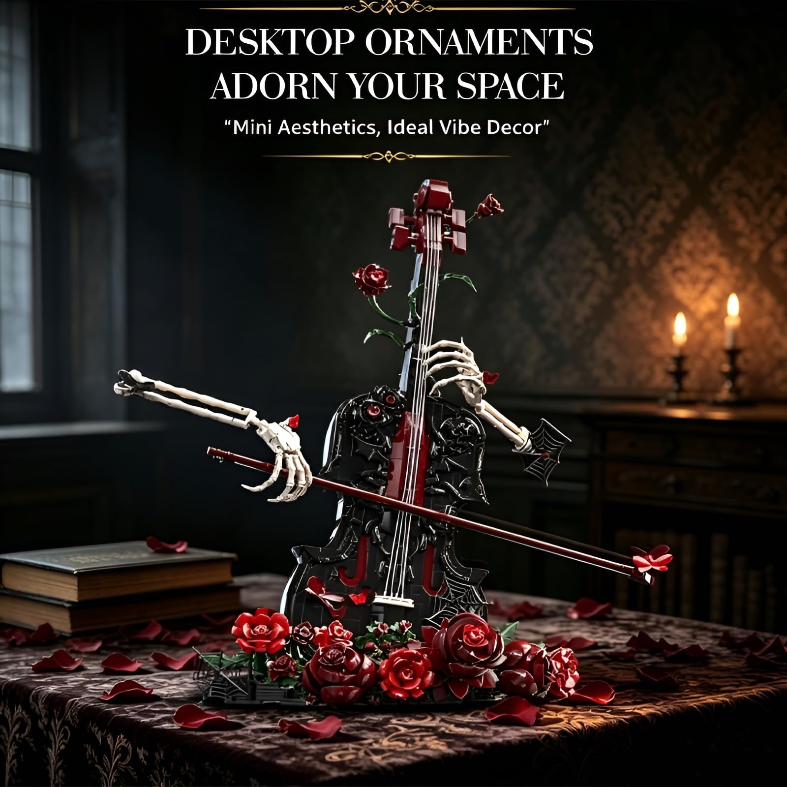 Gothic Rosen Geigen Bauklötze Set, 1429 Teile Sammlbares Musikinstrument Modell mit Skelett Händen & roten Rosen, Dekoratives Baukasten Display für Erwachsene & Teenager