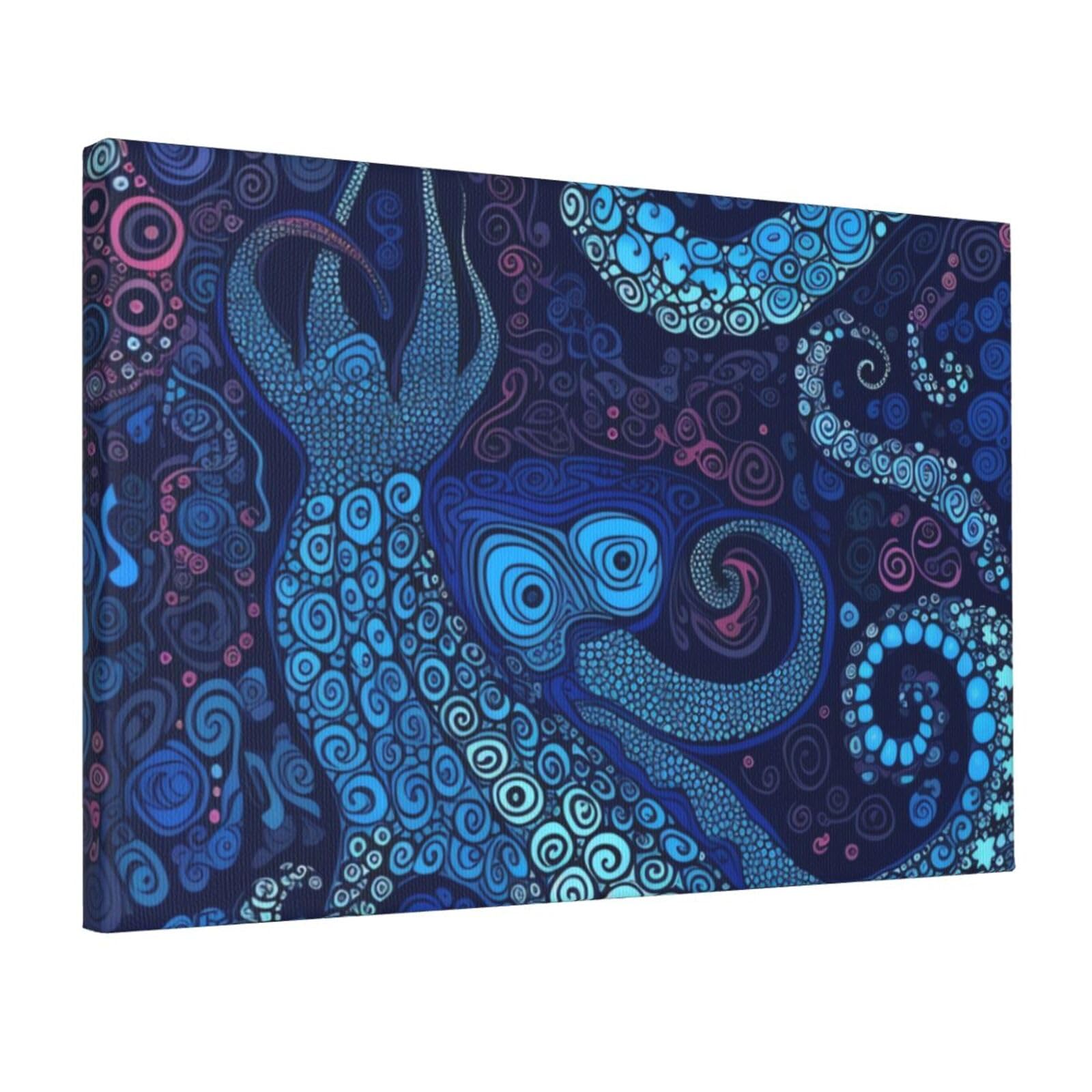 KLOPH Blue Octopus Canvas Wall Art for Living Room 12"x18" Modern Artwork Painting for Bathroom Hanging Canvas Prints Aesthetic Wallart for Bedroom Kitchen Office Wall Decor