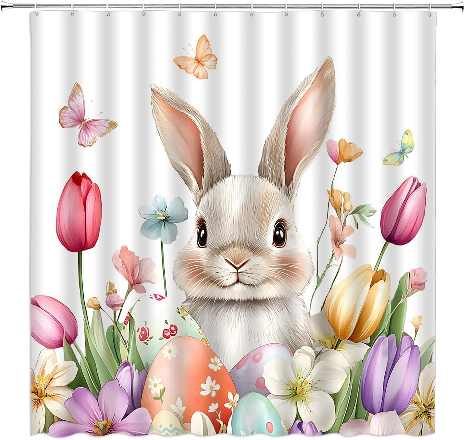 Easter Shower Curtain Watercolor Floral Cute Bunny Butterfly Eggs Rabbits Spring Animal Plants 70" Wx84 H Fabric Bathroom Decor Curtain with Hooks
