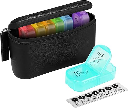 Timueetech - Organizador de píldoras de 7 piezas, pastillero de viaje, dos veces al día, con una bolsa de almacenamiento para transportar píldoras,