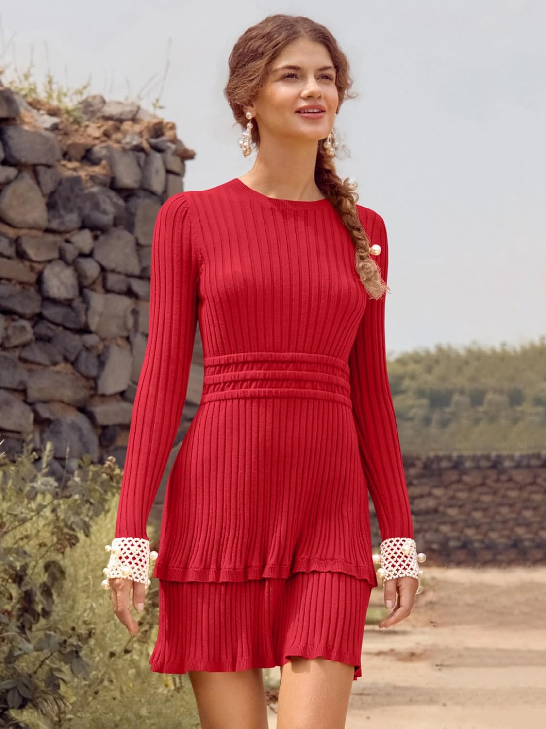 Wenrine Womens Long Sleeve Sweater Dress Casual Ribbed Knit Crewneck A Line Slim Fit Tiered Fall Mini Dresses - Image 2