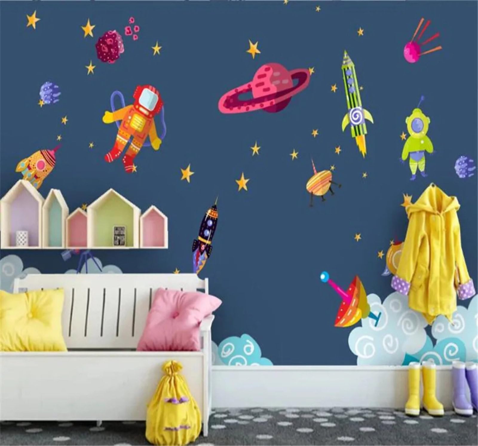 Tzxztt Cartoon Dreamy Space Planet Spaceship Modern 3D Wallpaper Premium Textured Silk Neutral Tones Material Ideal for Living Room Bedroom-200cm×140cm