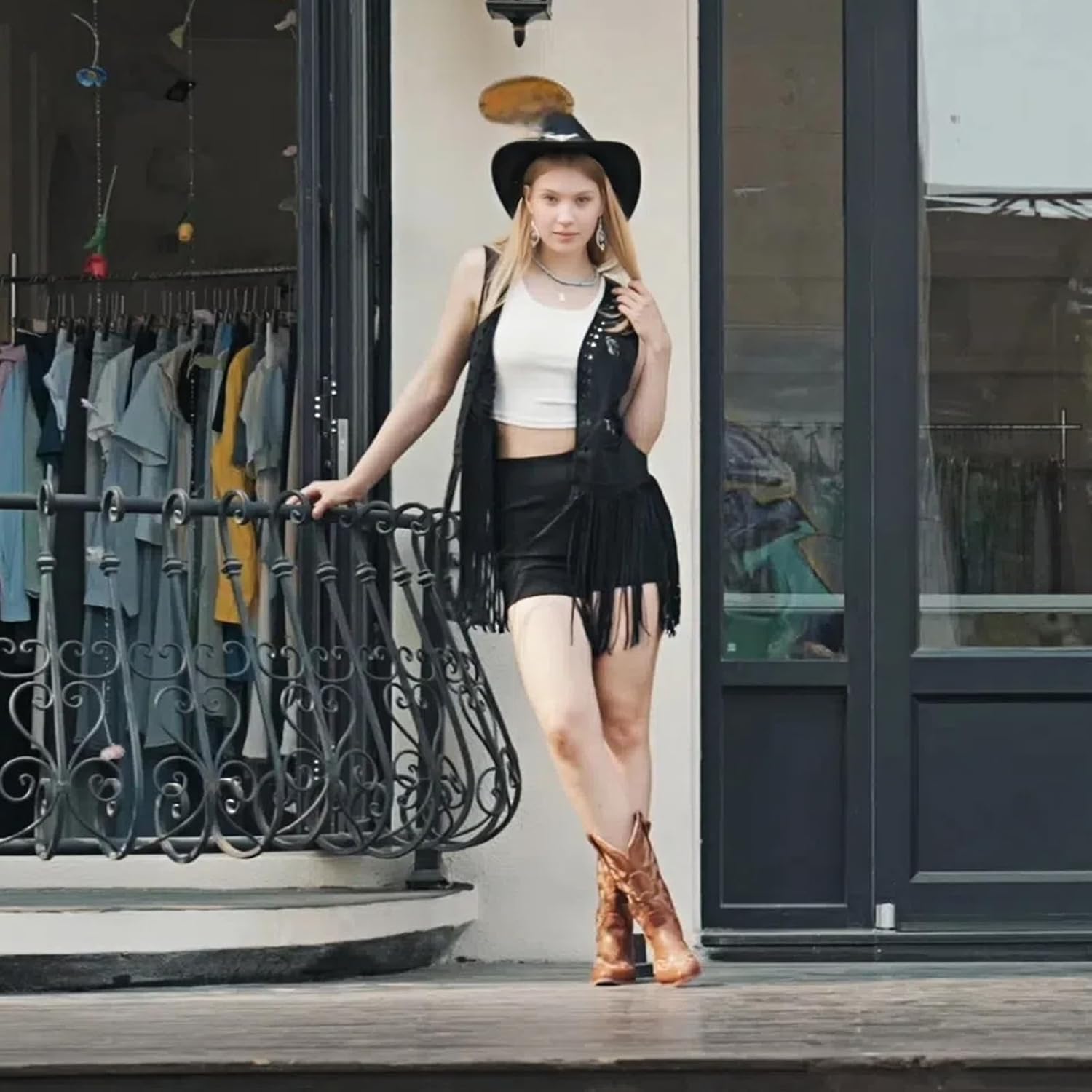 Western Outfits for Women，7pcs Fringe Vest Cowboy Hat Cowgirl Costume Tassels Halloween 70s Costume Set. - Image 4