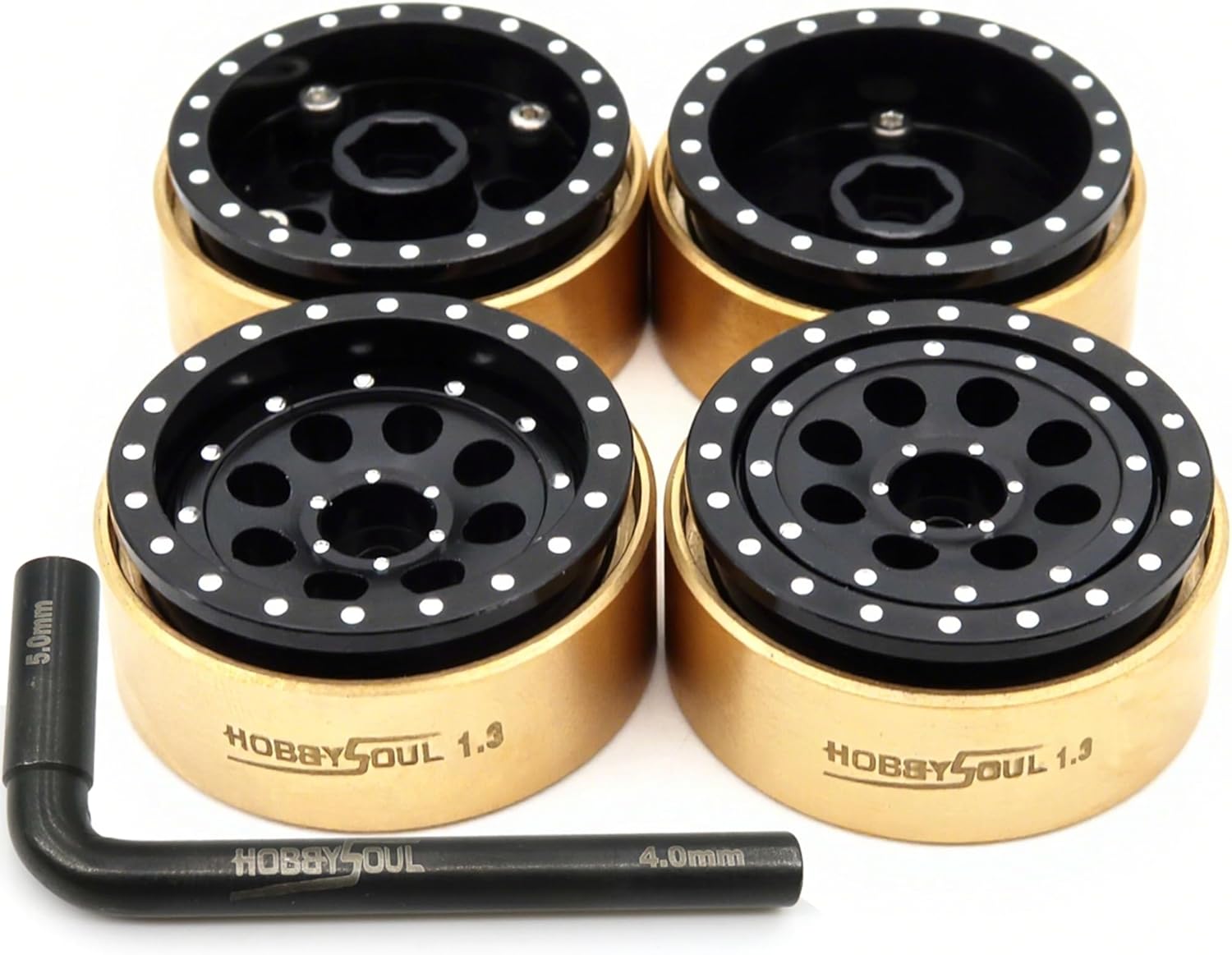 HOBBYSOUL 1.3'' Wheels & Brass Ring Weight - 43g/set - Adjustable Offset 1.3 Beadlock wheels Hex 7mm For 1/18 1/24 RC Crawler TRX4M SCX24 Upgrades (4pcs, Black)