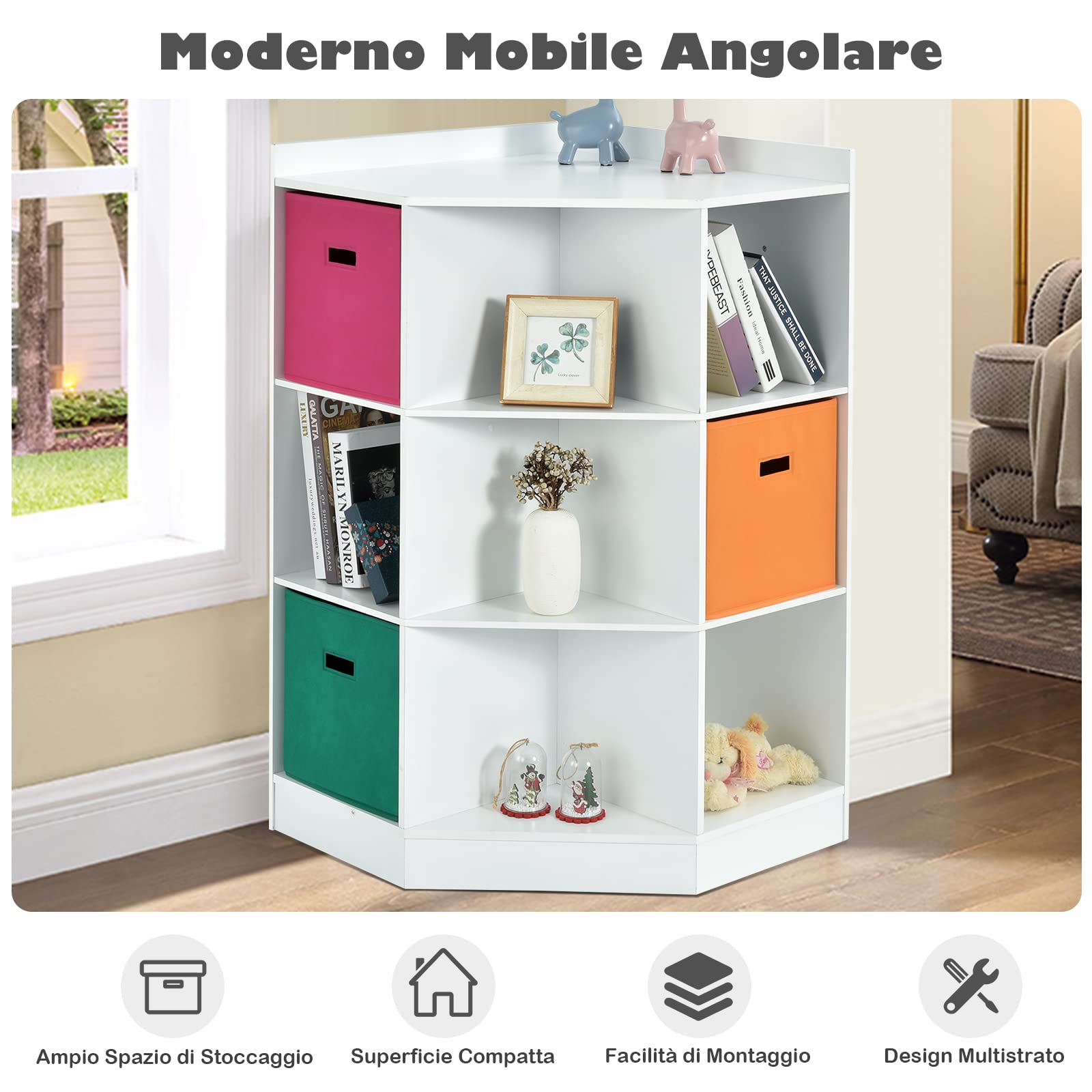 COSTWAY Scaffale Angolare, Scaffale ad Angolo con Tre Cestini Colorati e 9 Ripiani, per Casa, Soggiorno e Camera da Letto, 81x 61 x 94cm (Bianco)