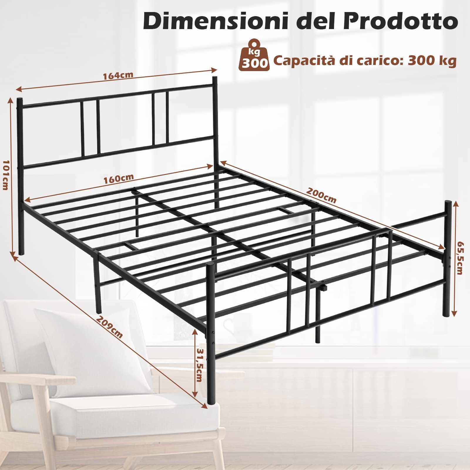 COSTWAY Telaio da Letto in Metallo, Struttura Letto Moderna con Testiera, Pediera e Doghe in Acciaio, Carico Massimo 300kg (200cm x 160cm)