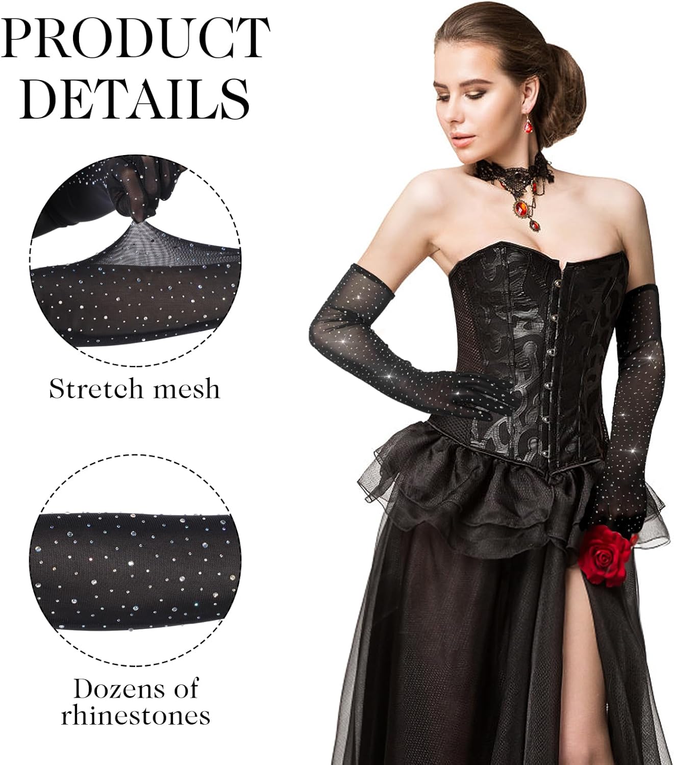 Yolev Lace Gloves Rhinestone Sheer Gloves Sparkly Glitter Fishnet Glove Long Mesh Arm Sleeve Tulle Glove Halloween Wedding - Image 4