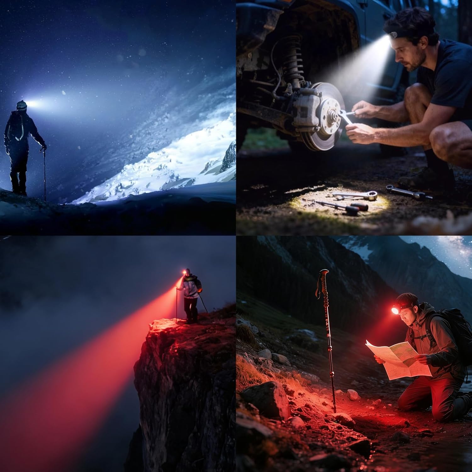 Headlamp Rechargeable 2600mAh Hard Hat Light,1800LM Forehead LED Flashlight Lightweight, Heavy-Duty, IPX4 Waterproof for Camping, Running, Work, Hiking, Fishing（Red/White Light）