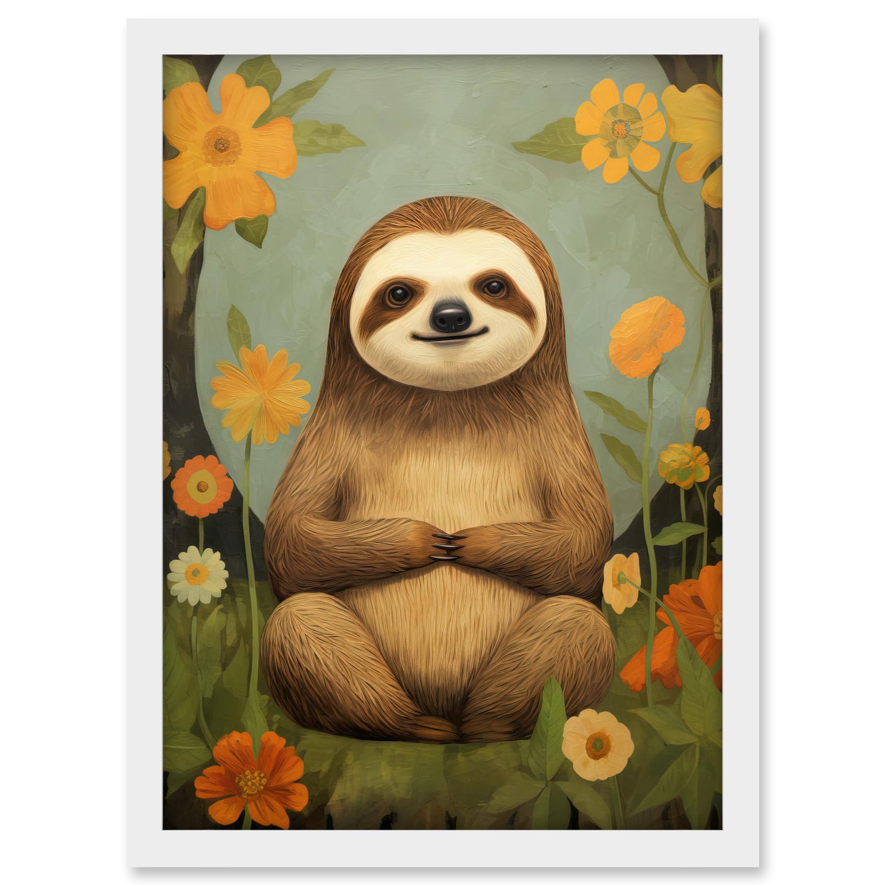 Artery8 Smiling Sloth Meditating in Forest Flowers Kids Bedroom Artwork Framed A3 Wall Art Print