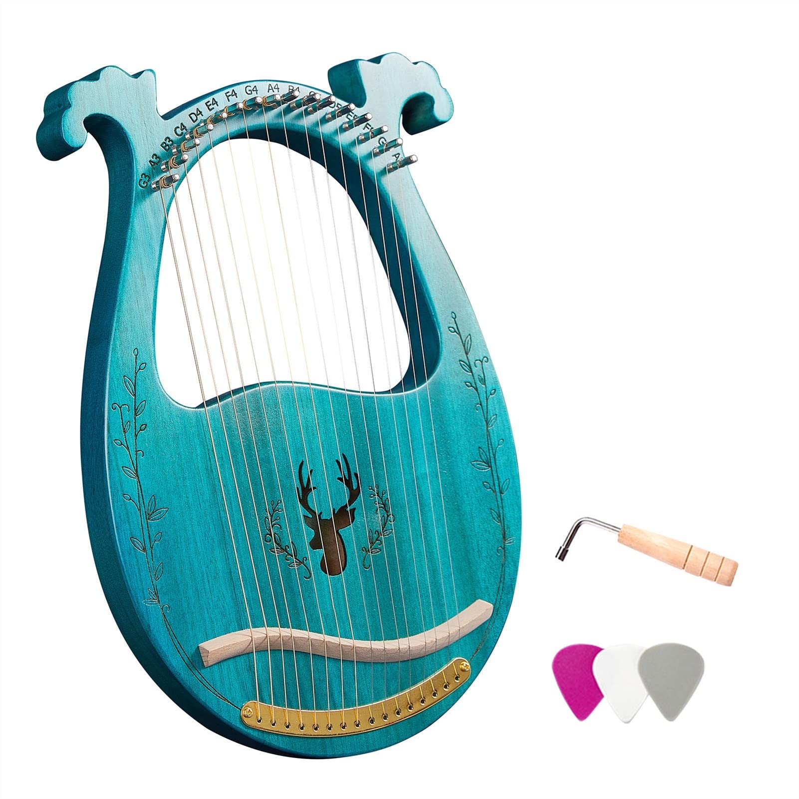Harfa， 16-strunowa drewniana lira, harfa, pudło rezonansowe, instrument strunowy i klucz do strojenia, instrumenty harfowe