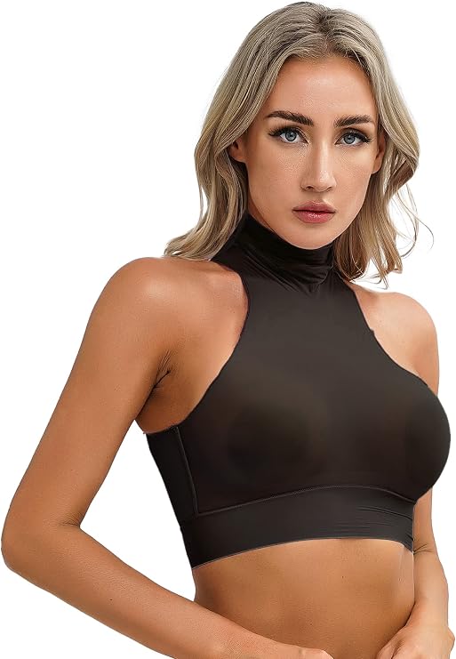 Women Sheer Mesh Turtle Neck Sleeveless Crop Top Vest Bustier Cami Shirts Undershirt Clubwear
