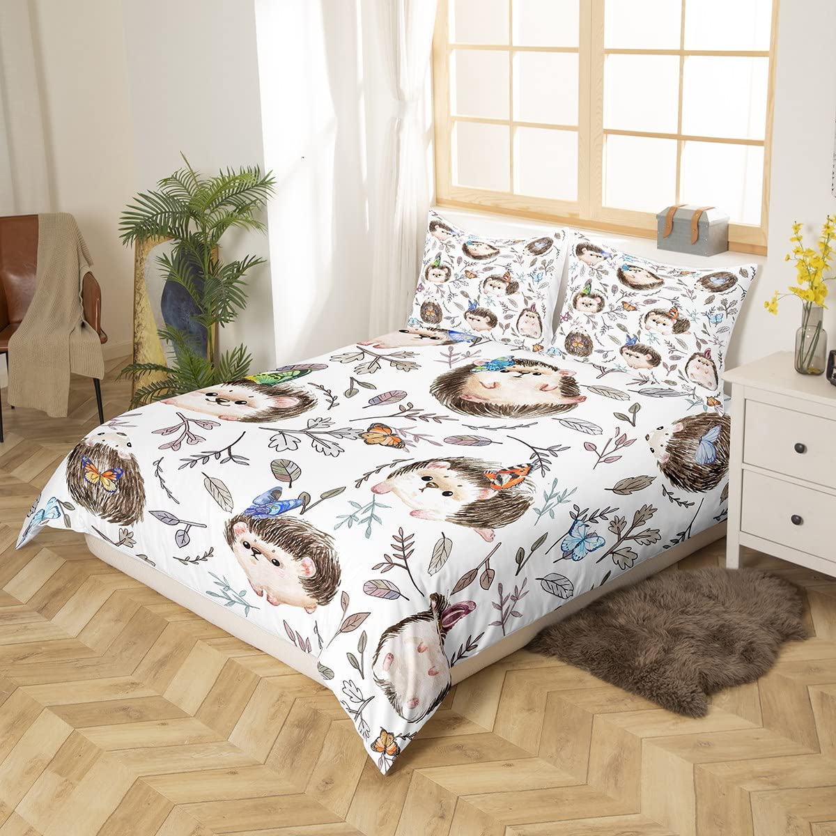 Kawaii Hedgehog Duvet Cover Queen Kids Bedding for Girls Boys Hedgehog Gifts Colorful Butterfly Comforter Cover Cartoon Wild Animals Quilt Cover for Hedgehog Lovers Botanical Bedspread Cover, 3Pcs