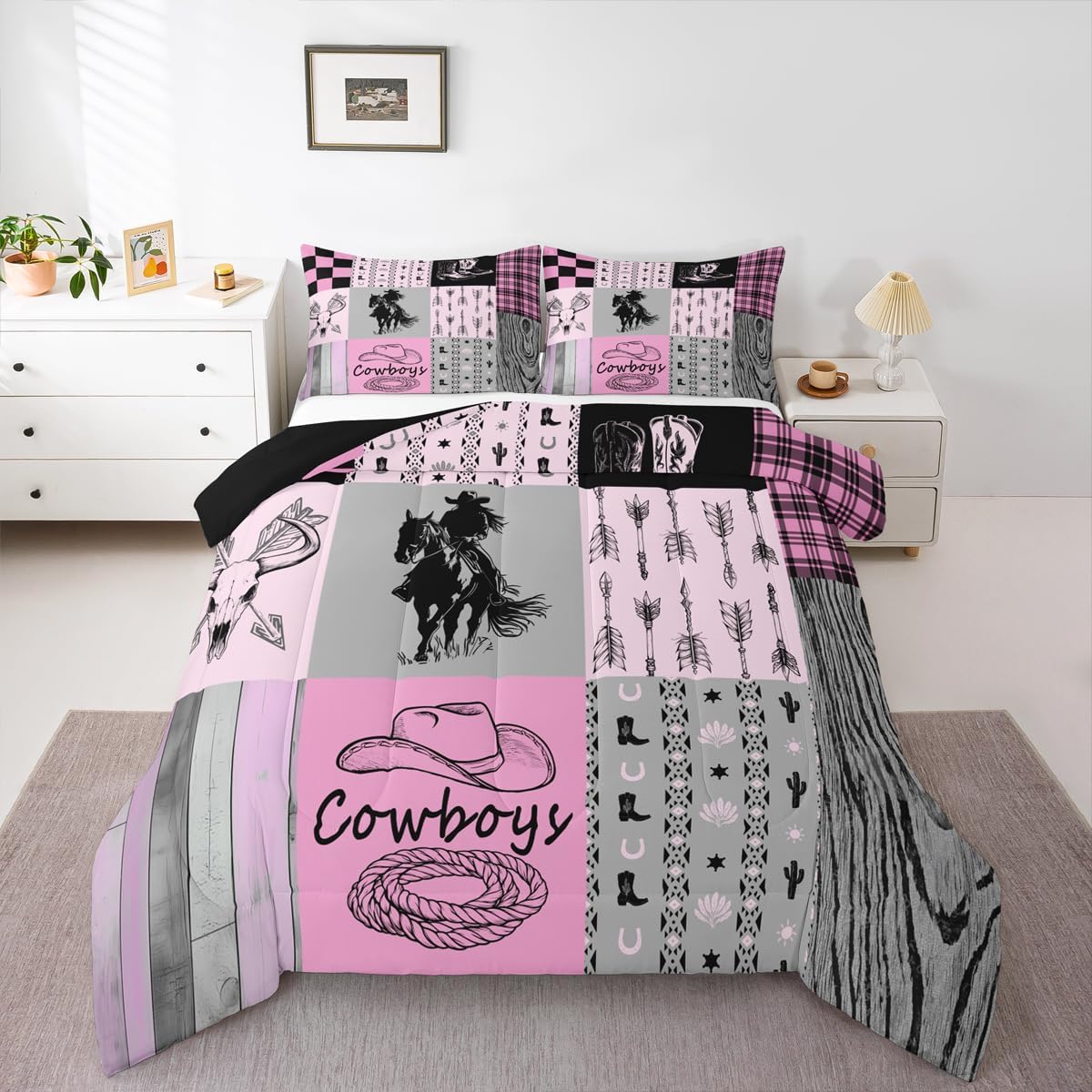 Erosebridal Girls Western Comforter Set Queen Pink Grey Cowgirl Kids Bedding Set Teen Women Wild West Bull Horse Quilt Set Country Farmhouse Buffalo Plaid Bed Comforter Set 2 Pillow Cases Room Decor