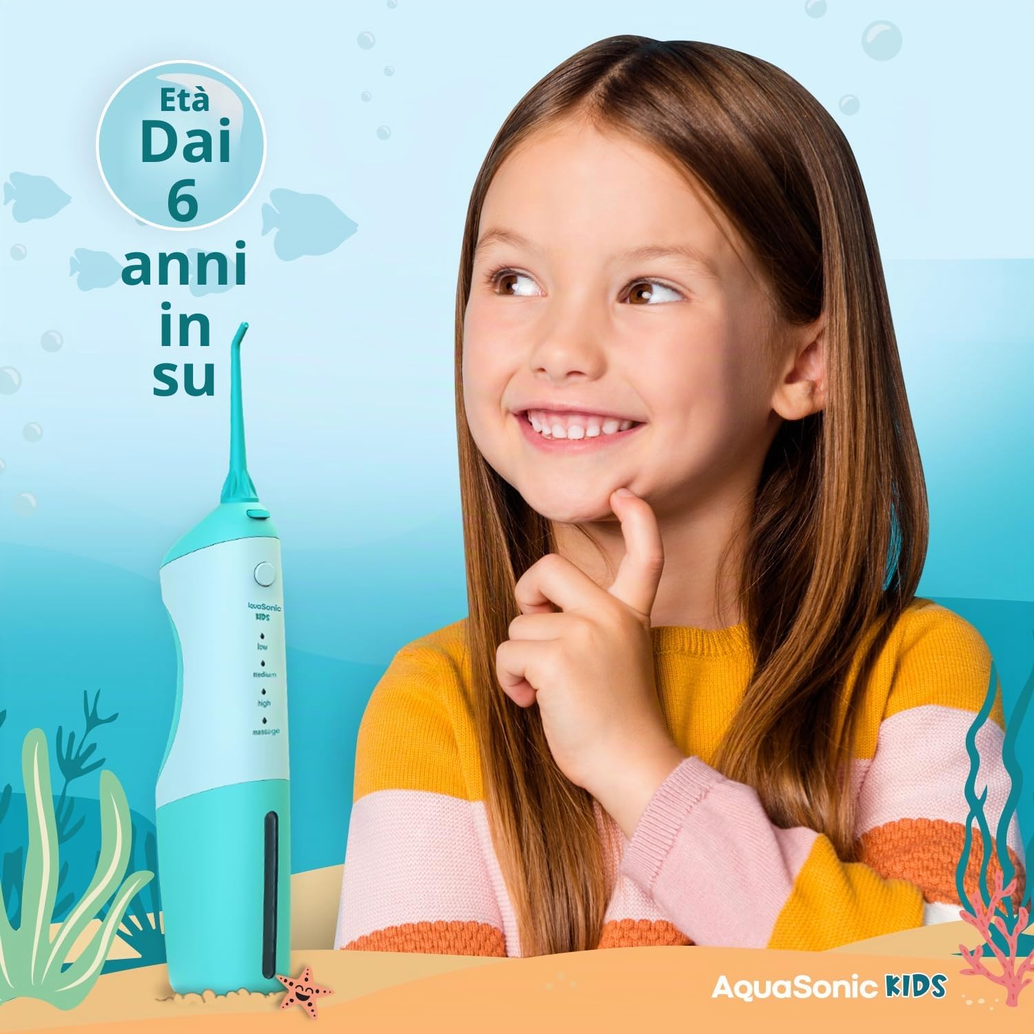 AquaSonic Flosser d'acqua per bambini dai 6 anni in su | Ugello standard, ugello ortodontico e adesivi impermeabili | 4 modalità di filo interdentale | Tema avventure per acquario