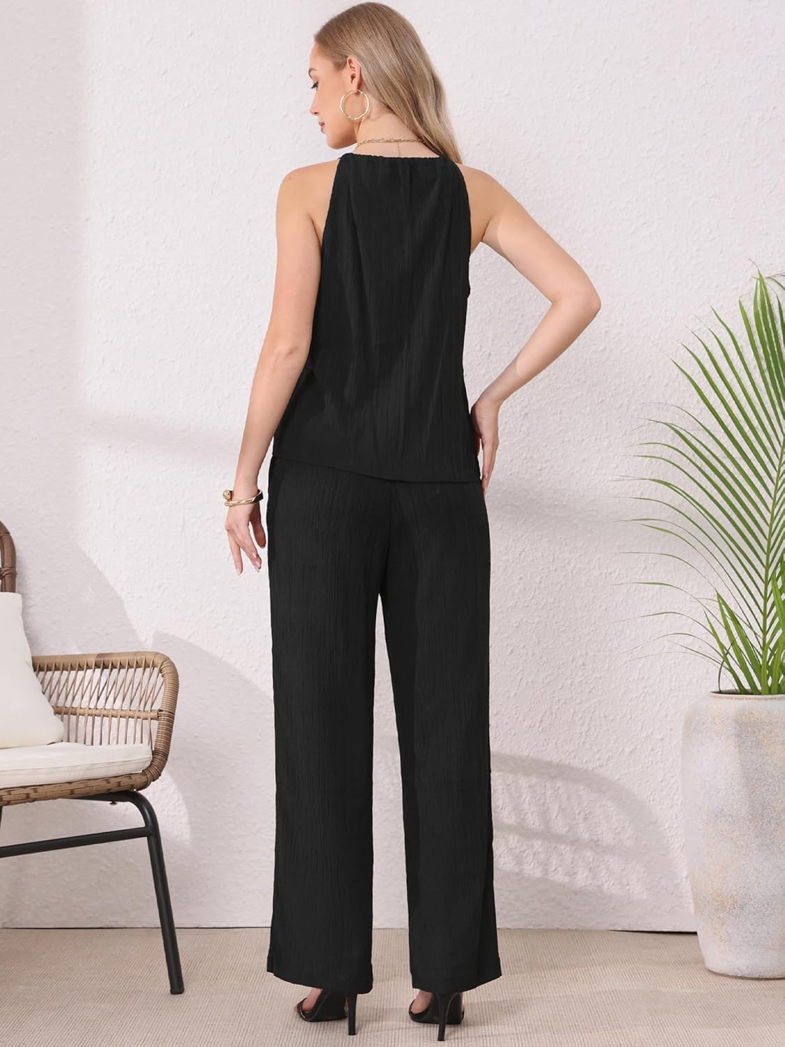 Allegra K Two Piece Outfits for Women's Sleeveless Tie Front Halter Neck Top Wide Leg Pants Matching Sets - Image 3