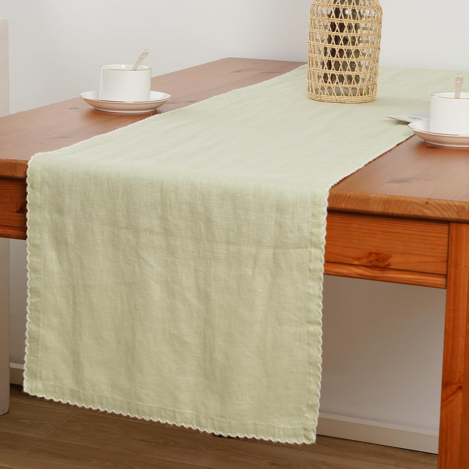 100% Pure Linen Natural Table Runner 72 Inches Long with Lace Table Runners Design 14 X 72 Inch Machine Washable for Dining,Wedding,Farmhouse and Spring,Summer (Green)