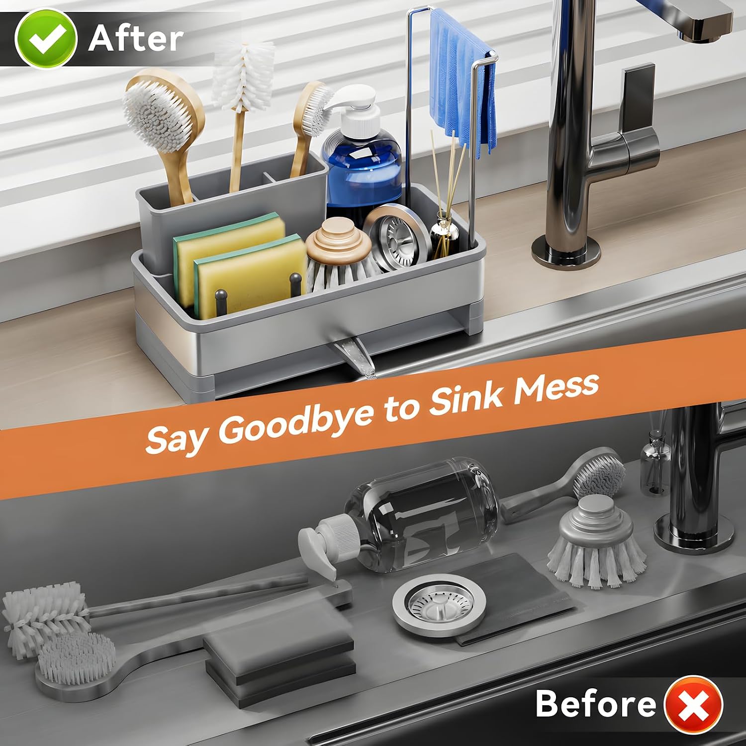 Laveshop Sponge Holder for Kitchen Sink, Rustproof Stainless Steel Sink Caddy with Auto-Drain, Removable Brush Holders, Soap and Dishcloth Organizer, Gray