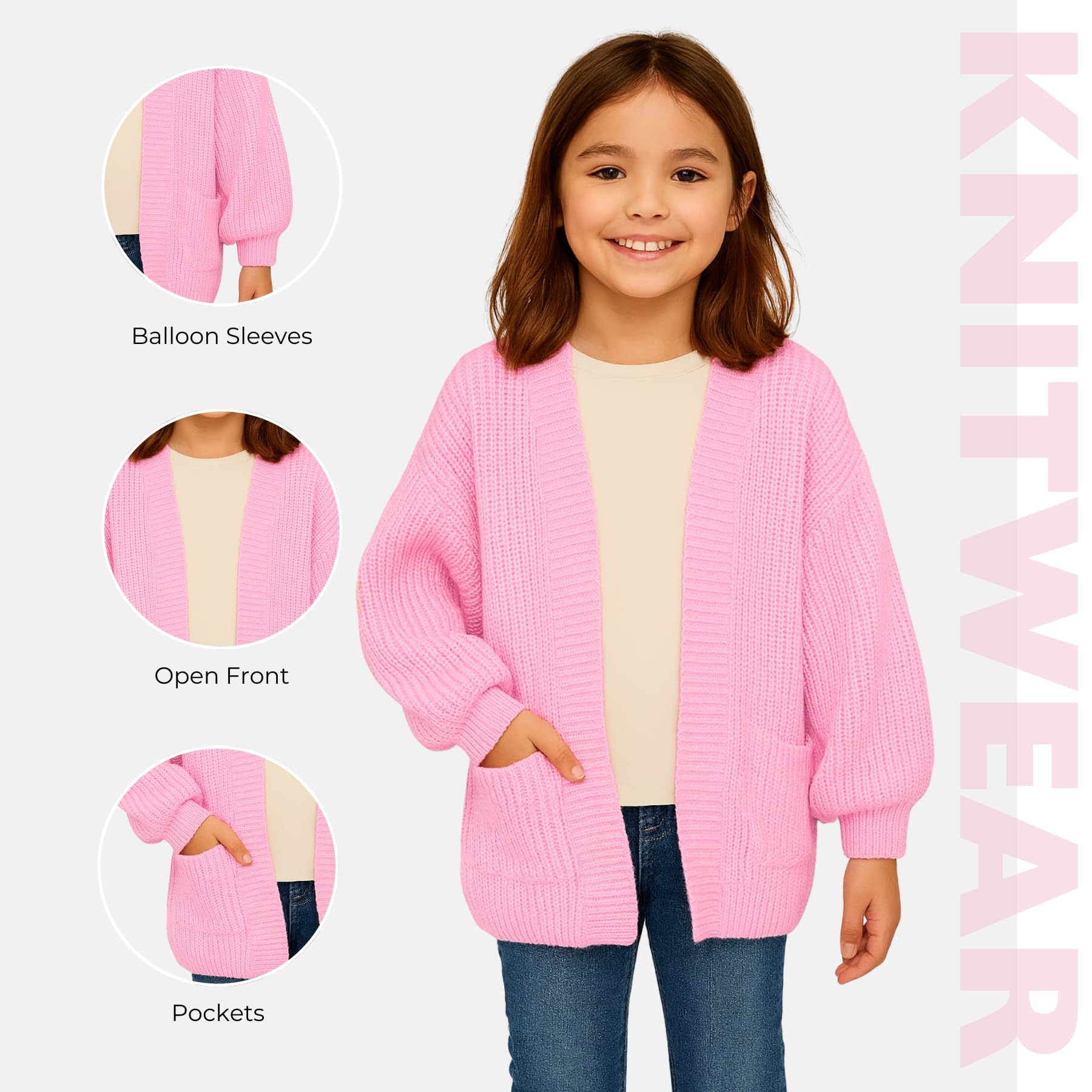 Cardigan da ragazza aperto sul davanti con maniche a palloncino, cardigan oversize lavorato a maglia grossa con tasche, caldo cardigan invernale autunnale, ragazze età 7-13 anni