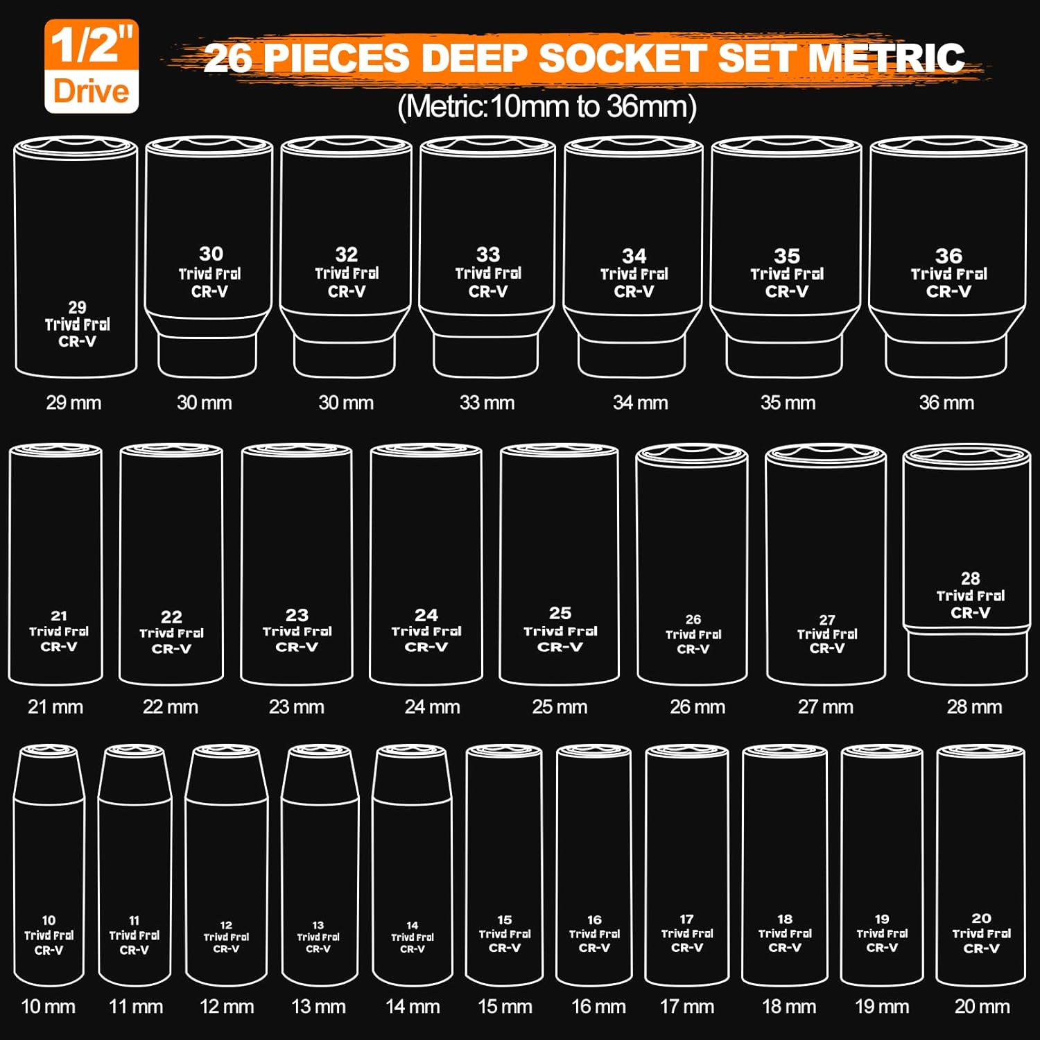 Metric Impact Socket Set 1/2" Drive - Trivd Frol 26 Piece Deep Impact Socket Set 1/2" Drive, Metric Socket Set 10mm to 36mm Large Socket Set, Impact Driver Socket Set, Cr-V Steel, Double Lock Case - Image 3
