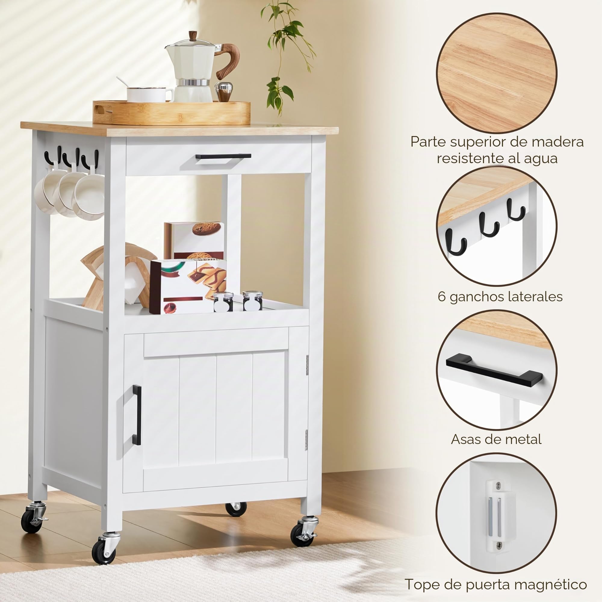 Yaheetech Carro de Cocina Carrito de Servicio con Ruedas Carro Auxiliar con Espacio de Almacenamiento Carro Cocina Comedor Hogar Blanco