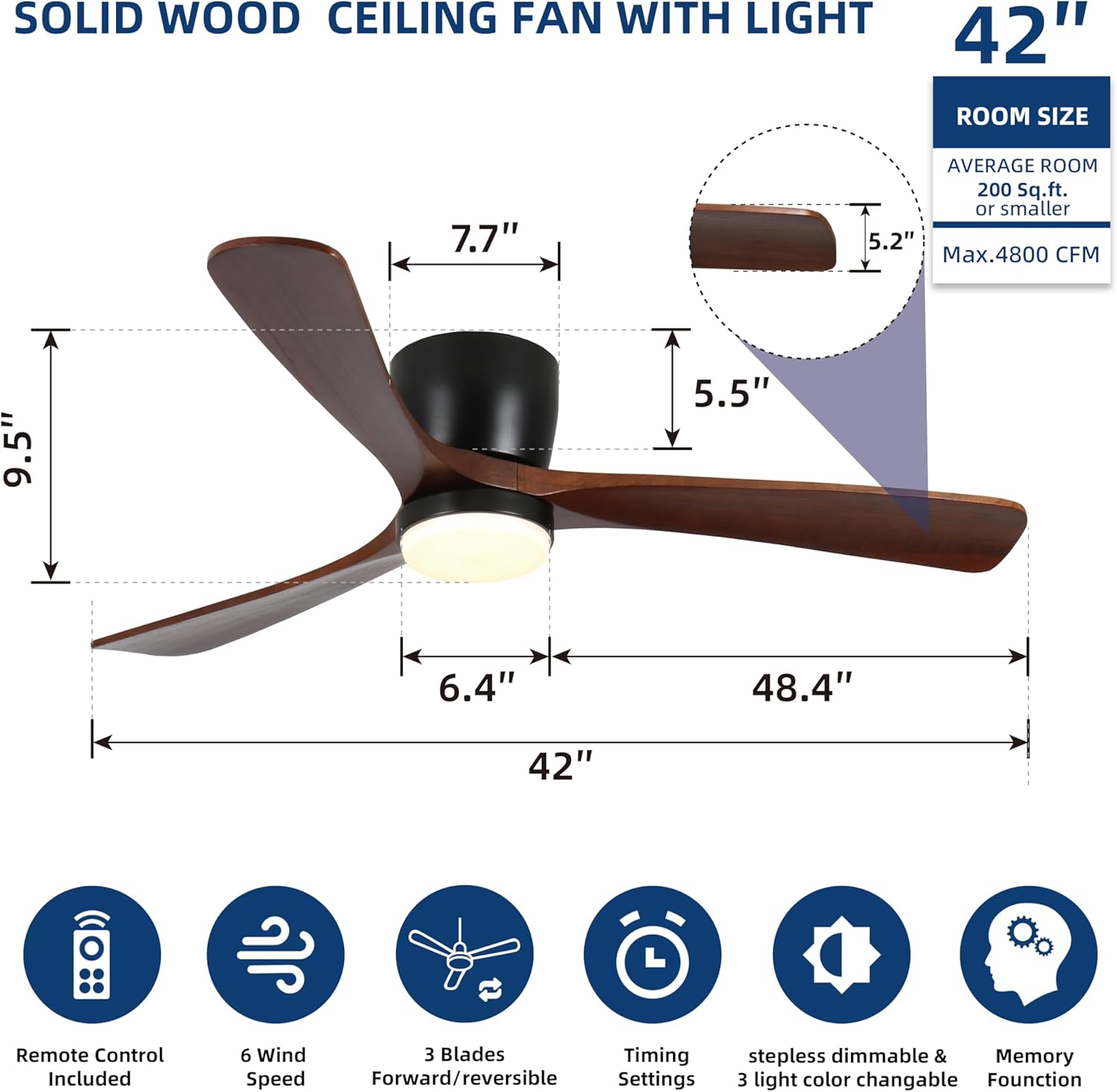 Ceiling Fans with Lights and Remote Control, 42 Inch Solid Wood Blade, Low Profile Flush Mount, LED Dimmable DC Reversible Modern Ceiling Fans with APP Control for Bedrooms, Living Rooms, Patio, Black
