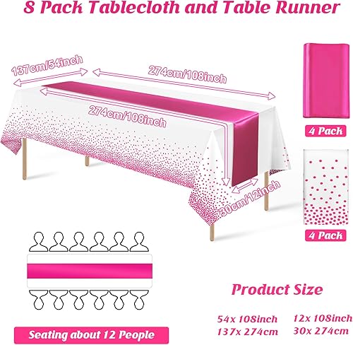 Miniatura 2 de Juego de 8 manteles desechables de plástico para fiestas y camino de mesa de satén, color blanco y rosa intenso, para bodas, cumpleaños, baby