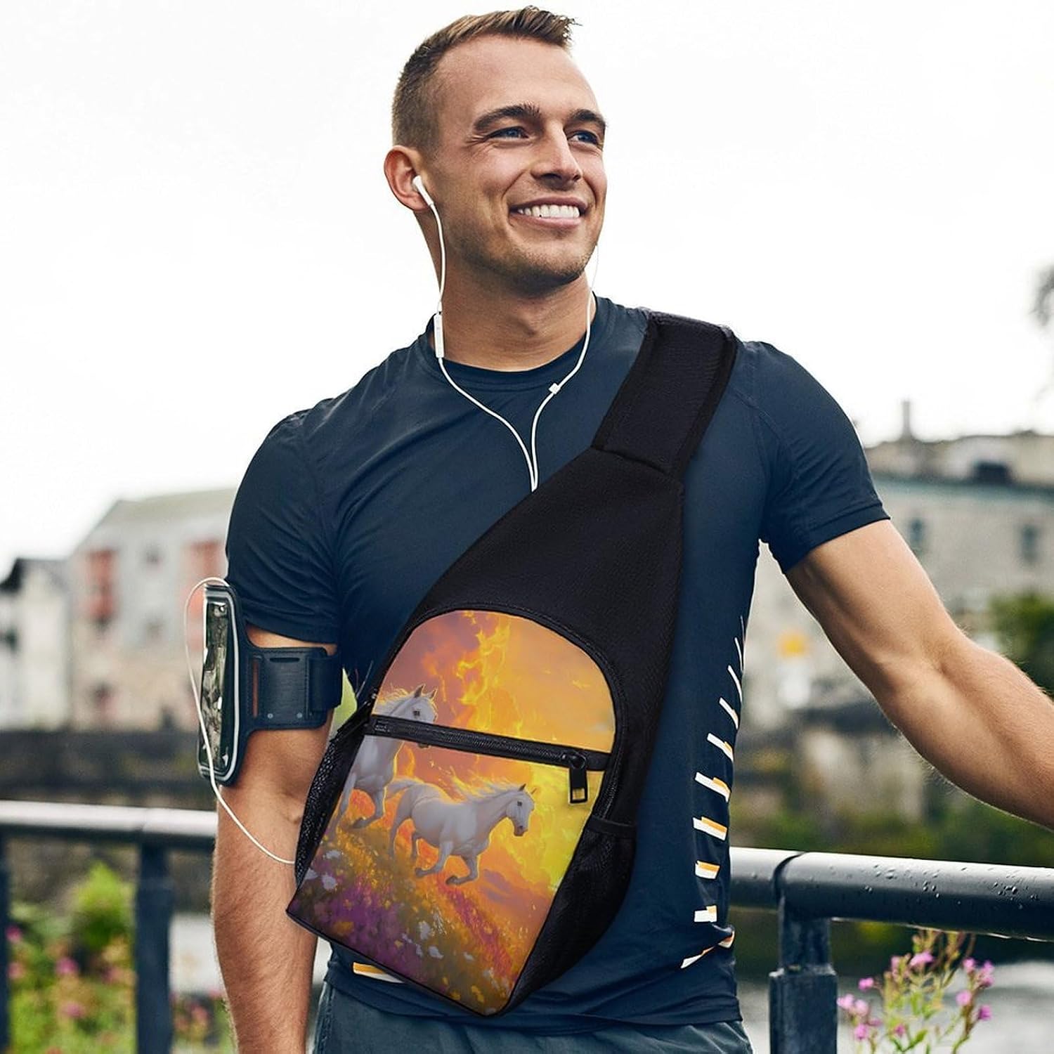 Horses Running Flower Field Sunrise Crossbody Sling Backpack Chest Bag Daypack