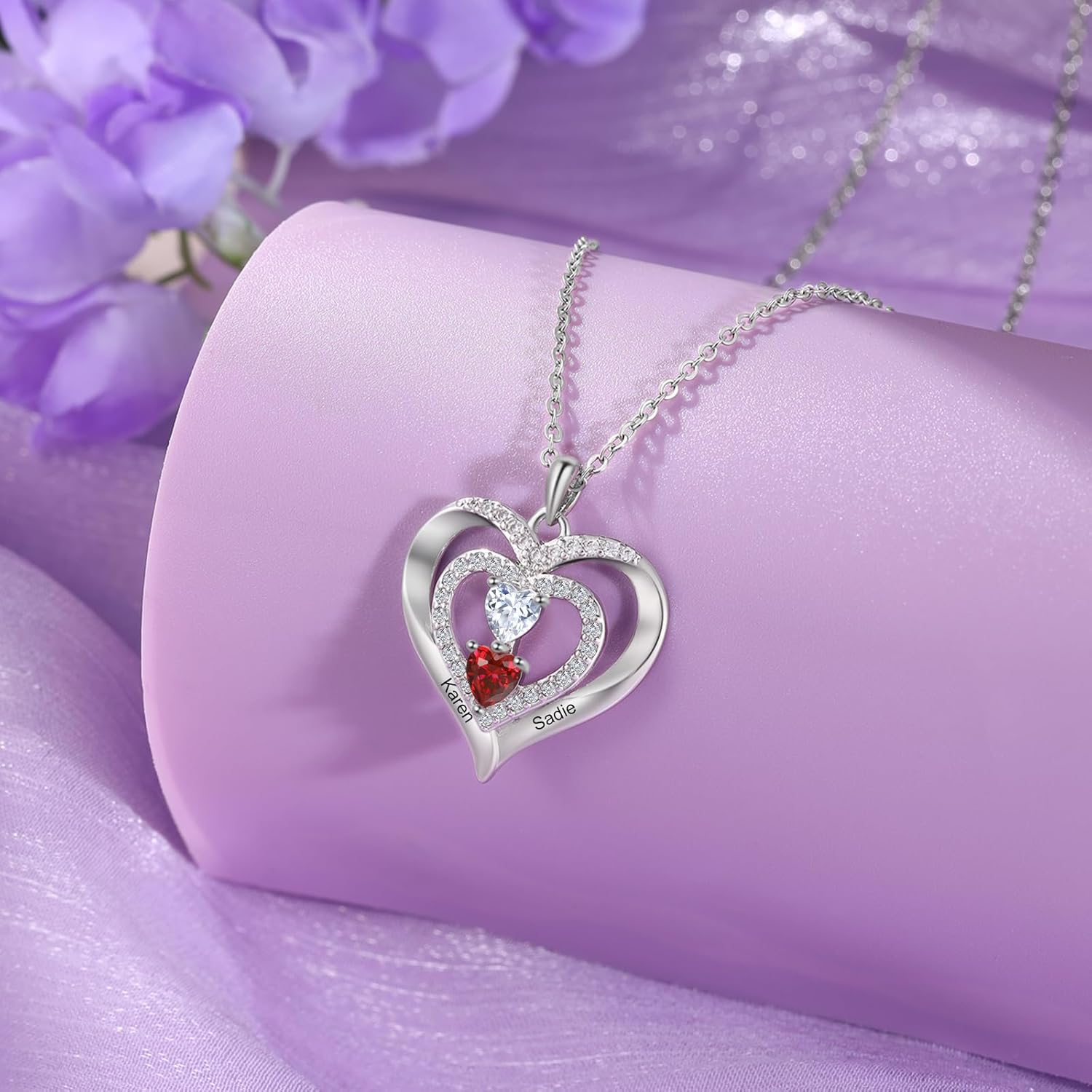 Mothers Necklace for Women, Personalized Birthstones 925 Sterling Silver Necklace Heart Pendant, Anniversary Mothers Day Jewelry for Mom Wife Grandma Gifts