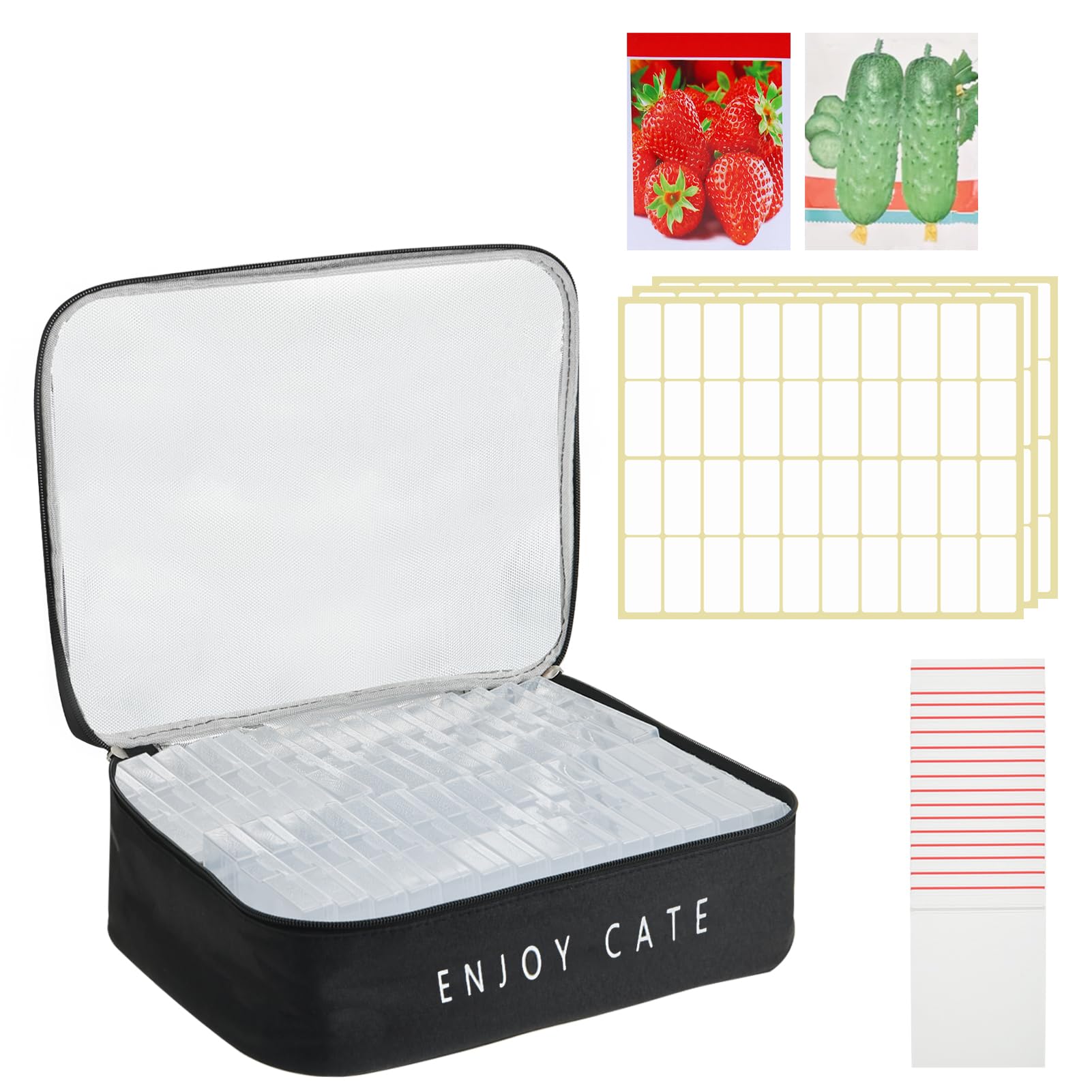 24 Slot Seed Storage Organizer Box with Insulated Bag with Dual Zipper Bag, Garden Seed Organize Sealed Bags and Label Stickers Saving Container Keeper Set for Garden Vegetable Flower Plants