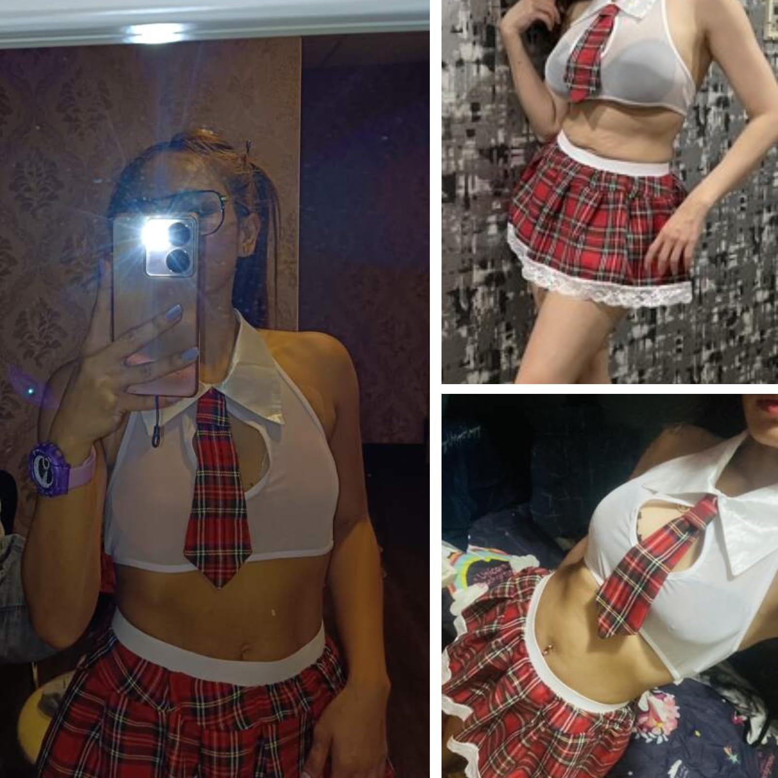 ZWCHGJ Damski strój uczennicy, krótki top bez rękawów wiązany na szyi i spódnica w kratę z koronkowym wykończeniem na cosplay, rave, klub