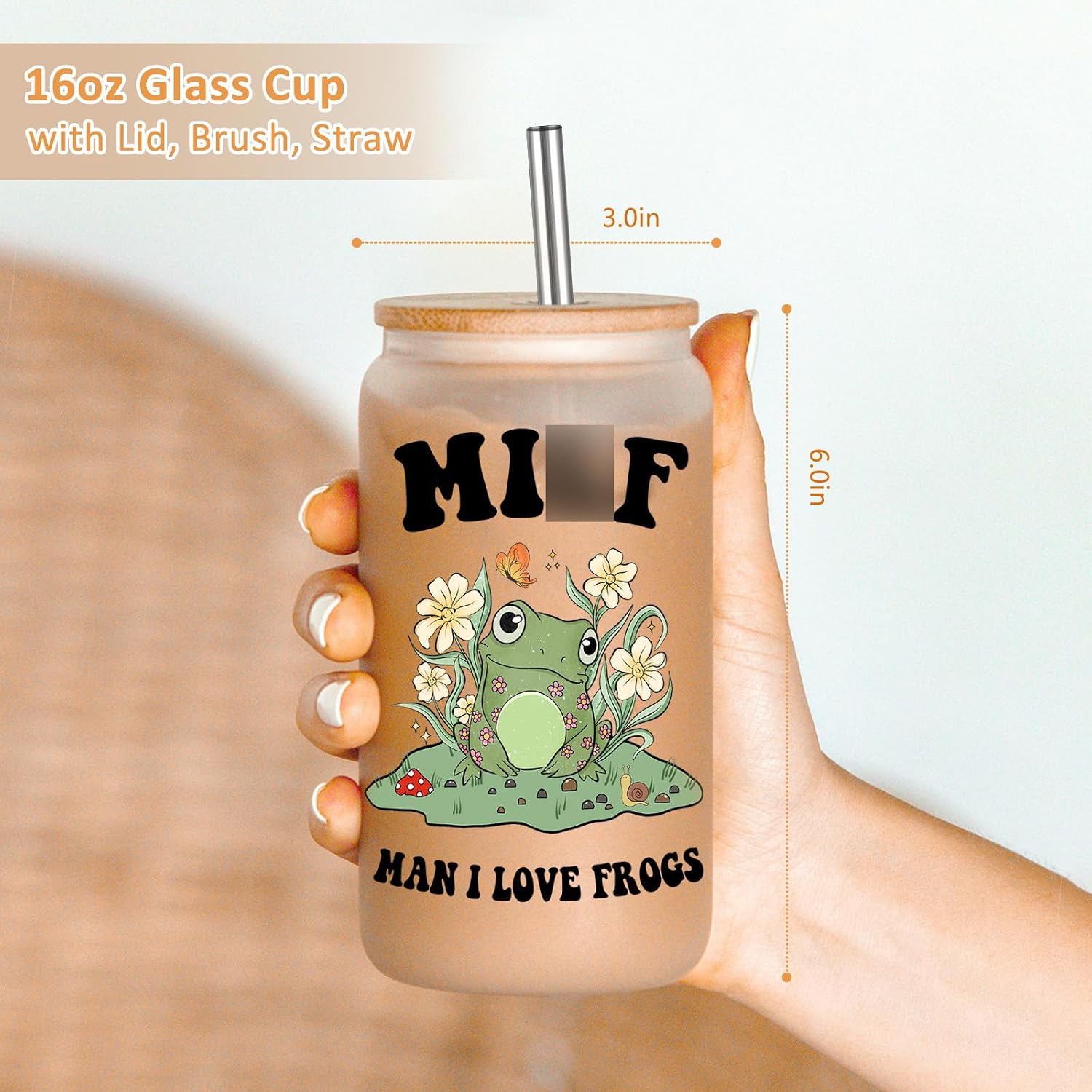 Fairy's Gift Frog Themed Cup, Cute 16 oz Frosted Glass Cups w/Lids Straws