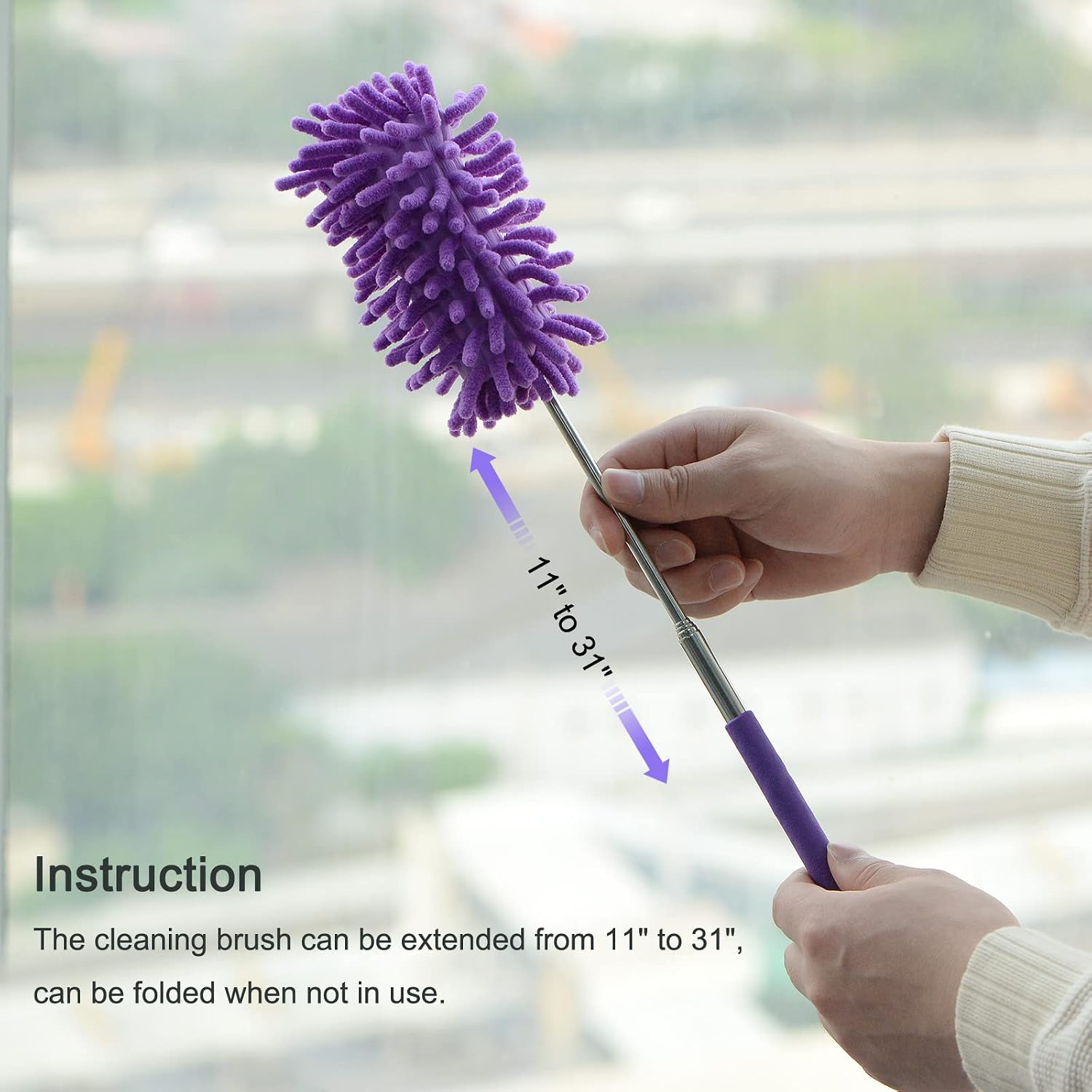 MECCANIXITY Microfiber Duster for Cleaning, 11 to 31 Inch Washable Extendable Brush for Window, Furniture, Ceiling Fan, Purple Pack of 2