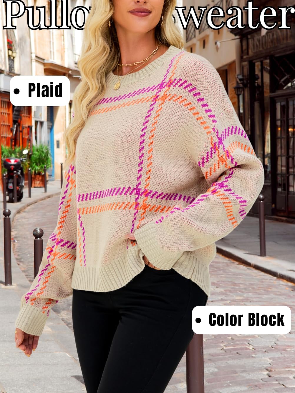 Checkered Pullover Sweaters, Crew Neck Long Sleeve, Fall Clothing, Lightweight Sweater for Women Striped Plaid - Image 4