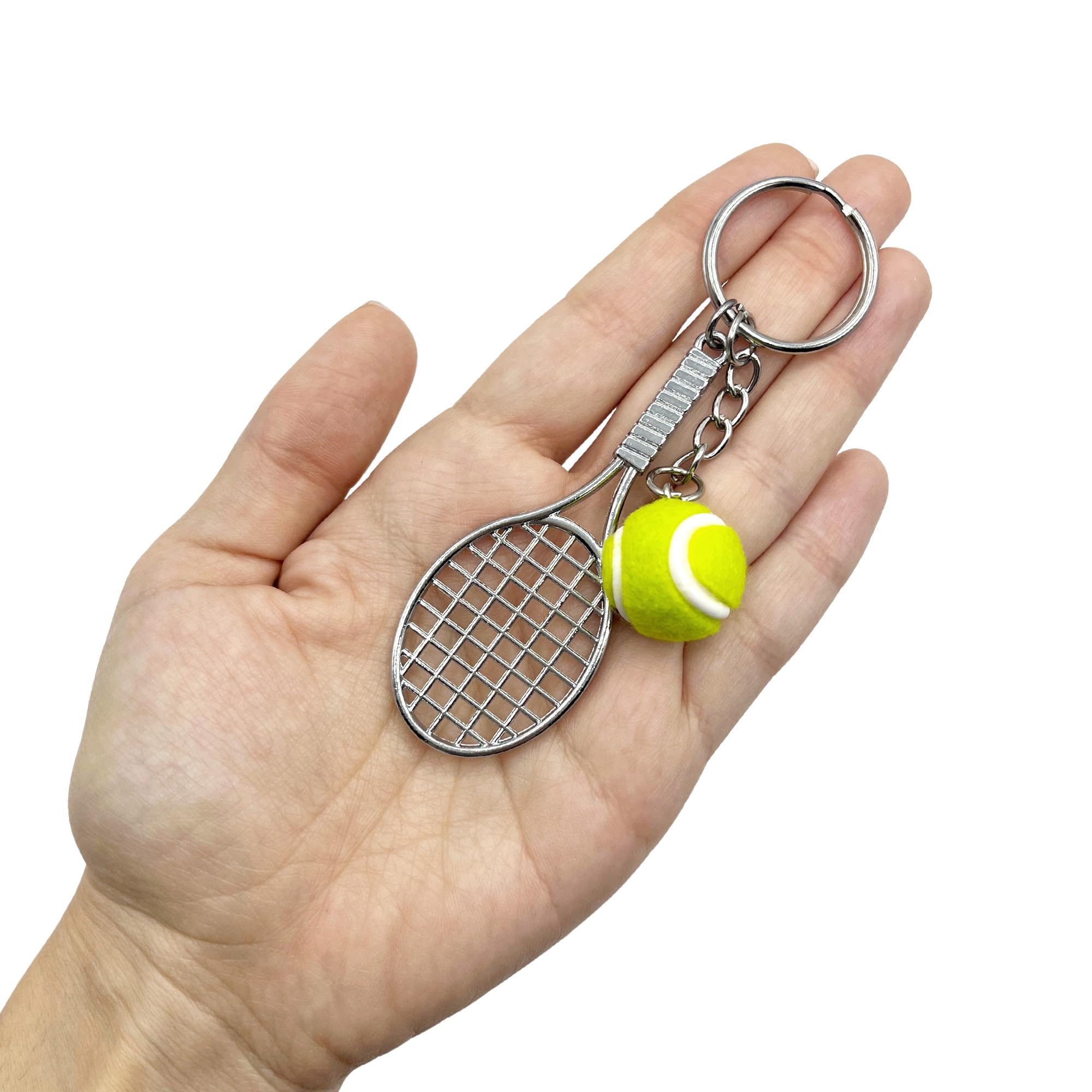 AUTOZOCO Llavero Plástico en Forma de Pelota de Tenis y Raqueta, Cuelga Llaves, Llavero para Tenista, Key chain Modelo Esférico, Detalle, Pelota 2 cm Diámetro x Raqueta 7.5 cm de Largo