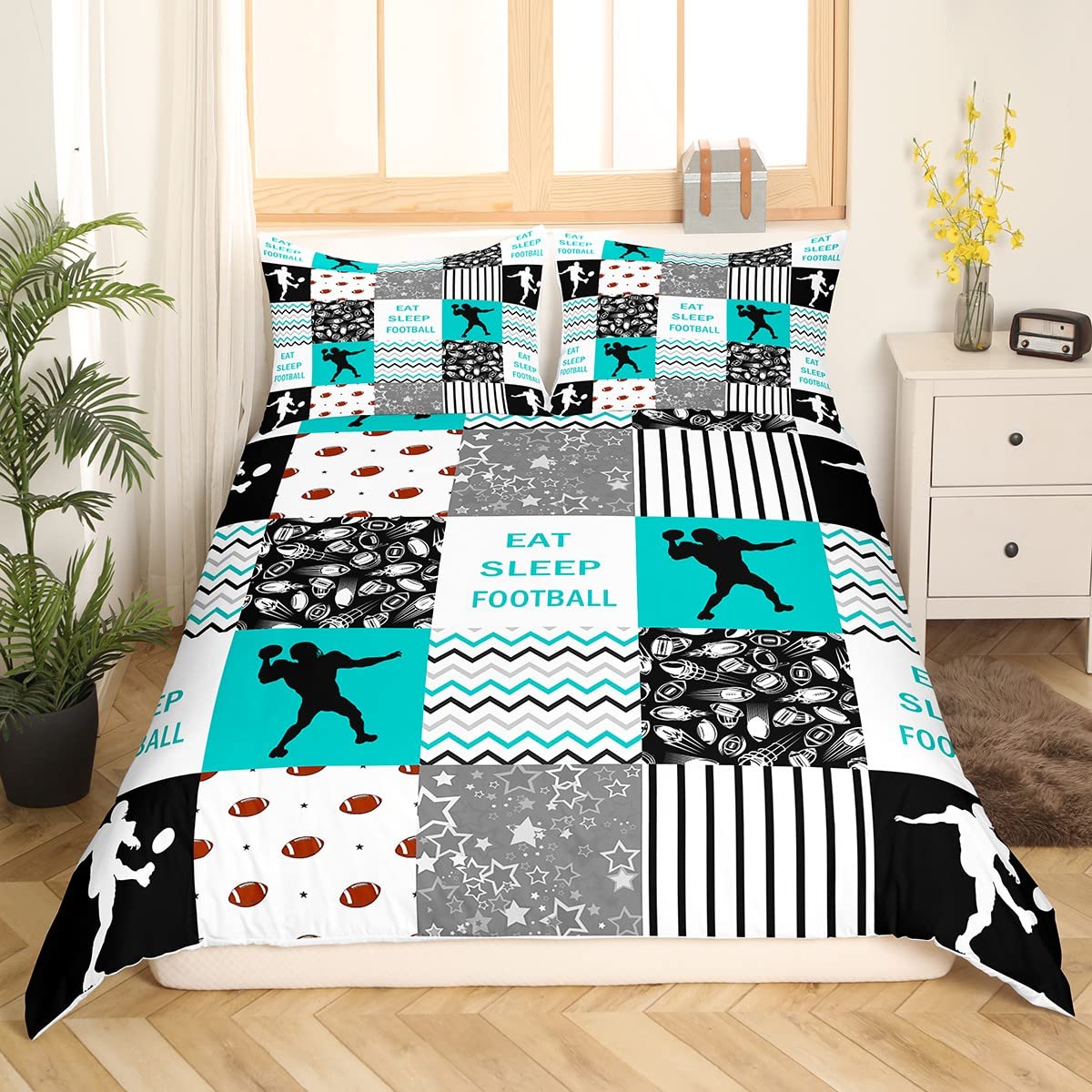 Erosebridal Rugby Duvet Cover, American Football Comforter Cover Queen Size,Sports Game Theme Duvet Cover for Kids Boys Teens Adult Men Bedroom,Eat Sleep Football Player Quilt Cover with Corner Ties