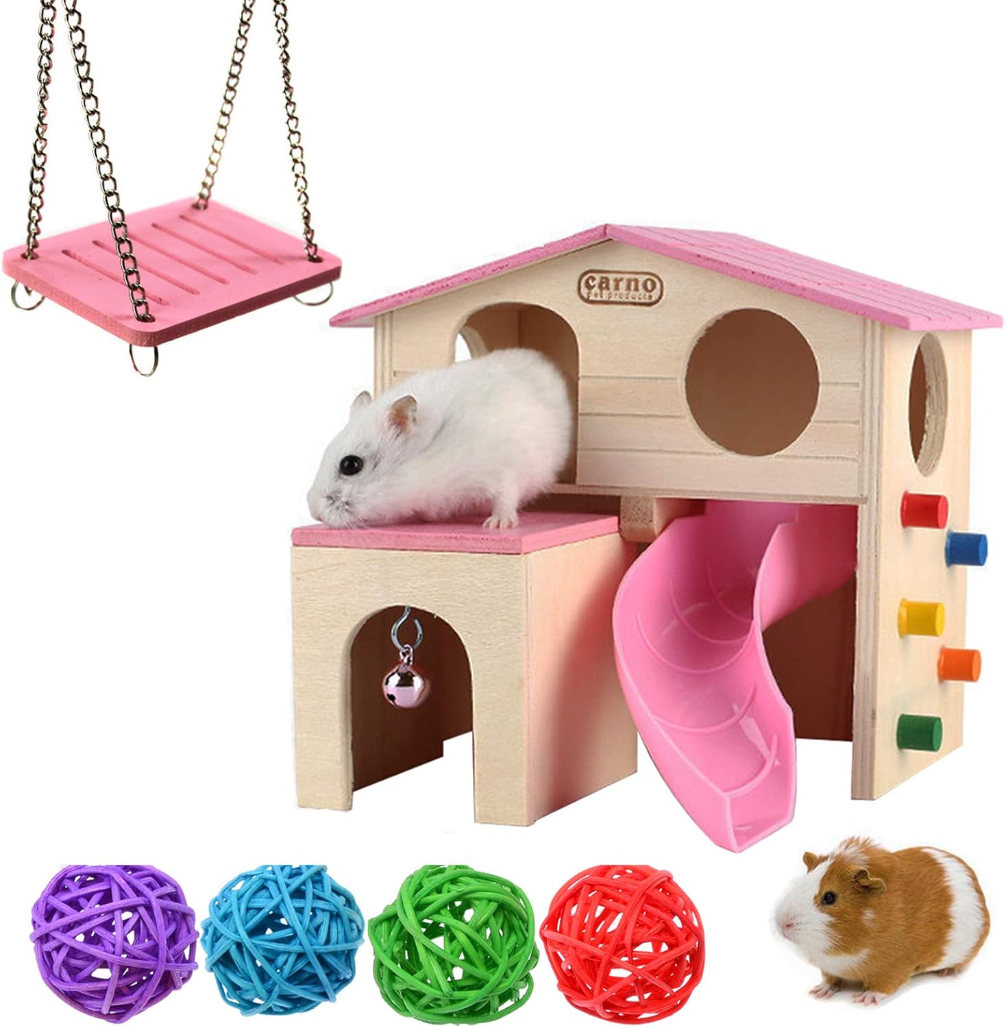 kathson Pet Small Animal Hideouts Dwarf Hamster House Wooden Two Layers Huts with Funny Climbing Ladder Slide Play Swing Toys Rattan…