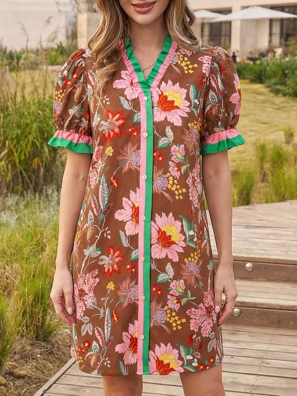 Wenrine Womens Summer Mini Dresses Casual Floral Puff Short Sleeve V Neck Button Down Ruffle Beach Sundress with Pockets - Image 3