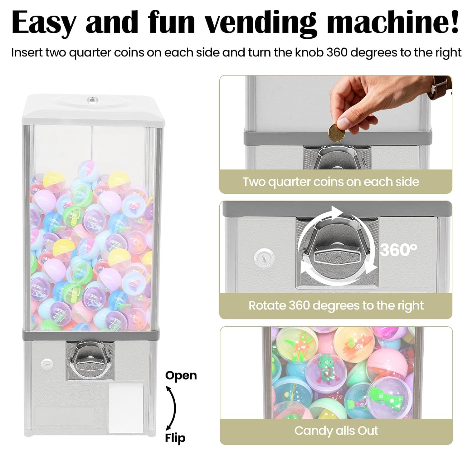Vending Machine Commercial Gumball Machine, 25 Inch Huge Toy Capsule Vending Machine Dispenser Prize Machine Candy Machine for Business,Capsules Gumballs(4 25-Cent） (White)