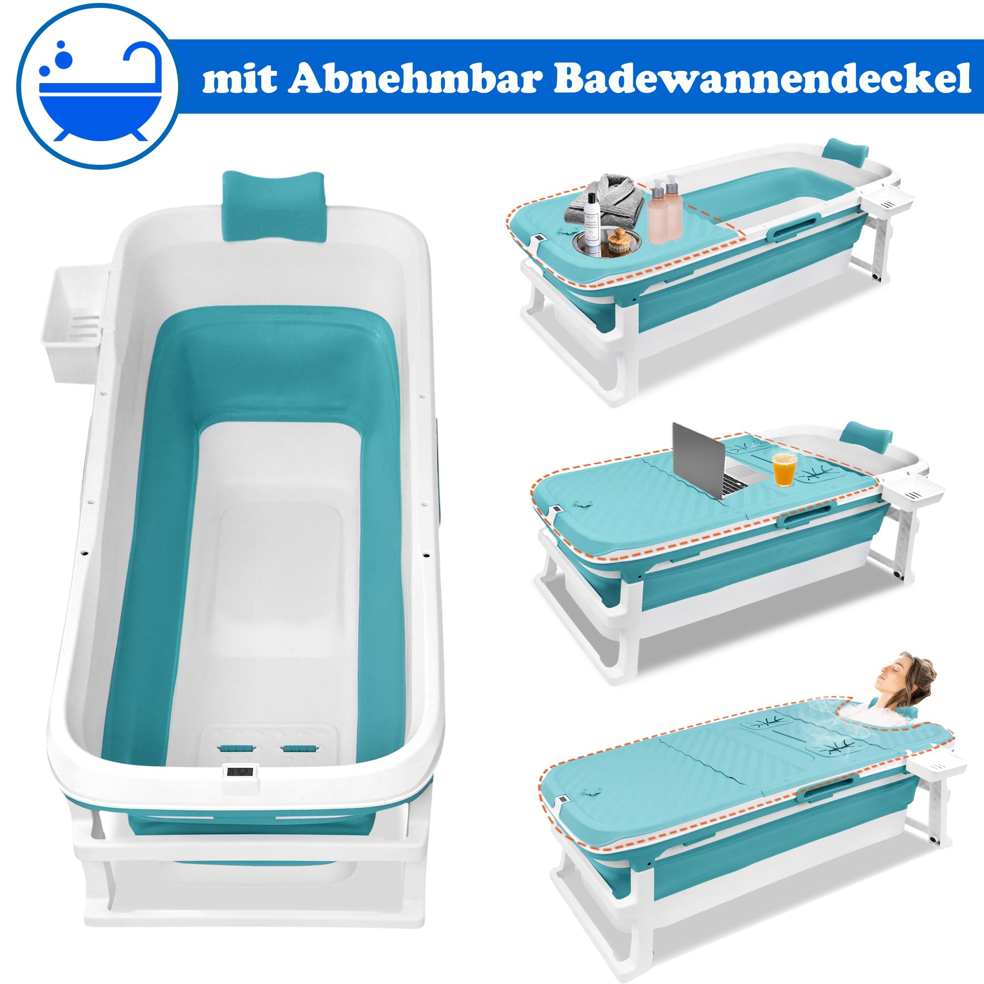 SUBTLETY Freistehende Badewannen Erwachsene mit Abnehmbar Abdeckung Thermometer Faltbare Sitzbadewanne mit Massagerollen und Dampfanschluss Kunststoff Klappbadewanne für Sauna SPA (149x64x54cm)